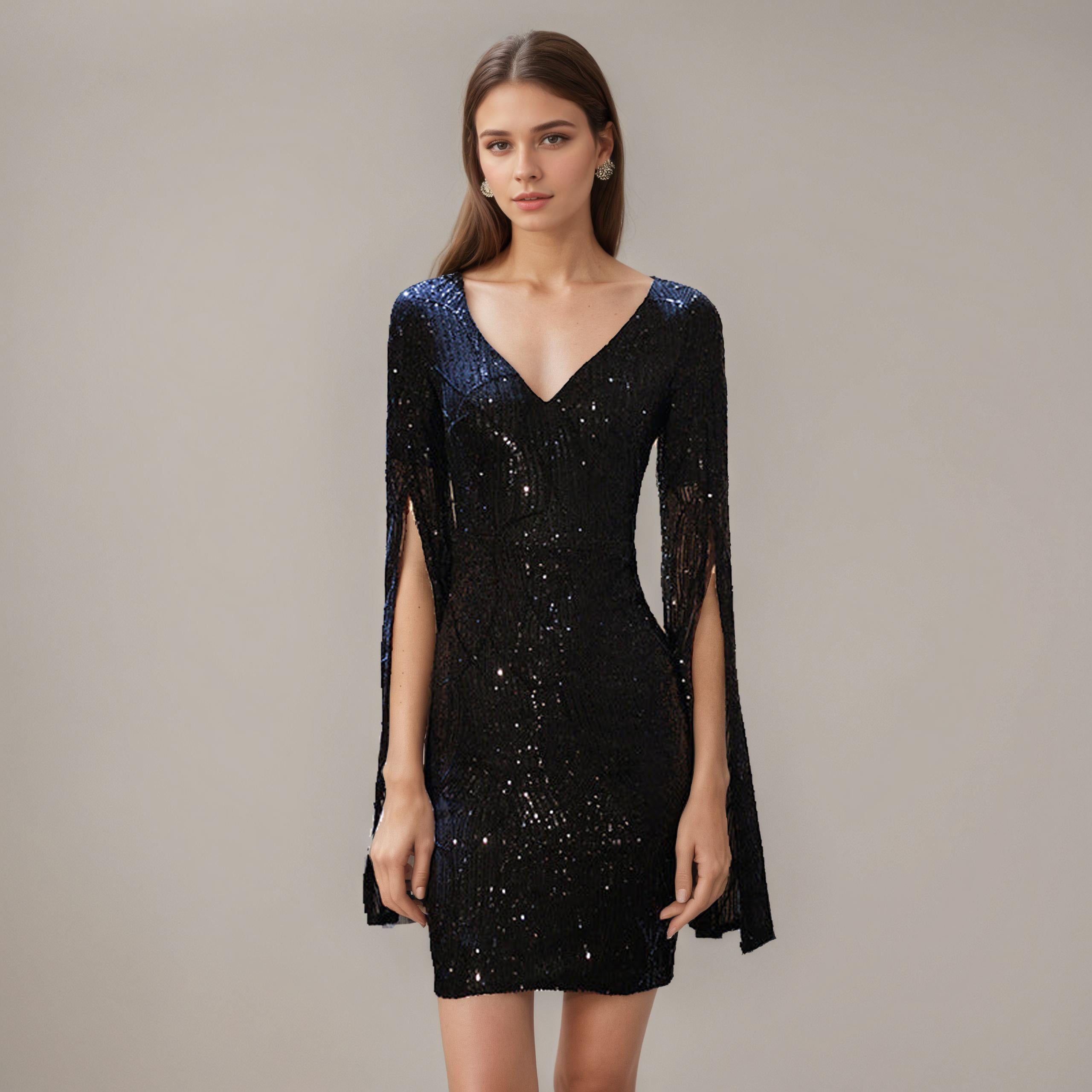 Black Sequin V-Neck Cape-Sleeve Cocktail Dress