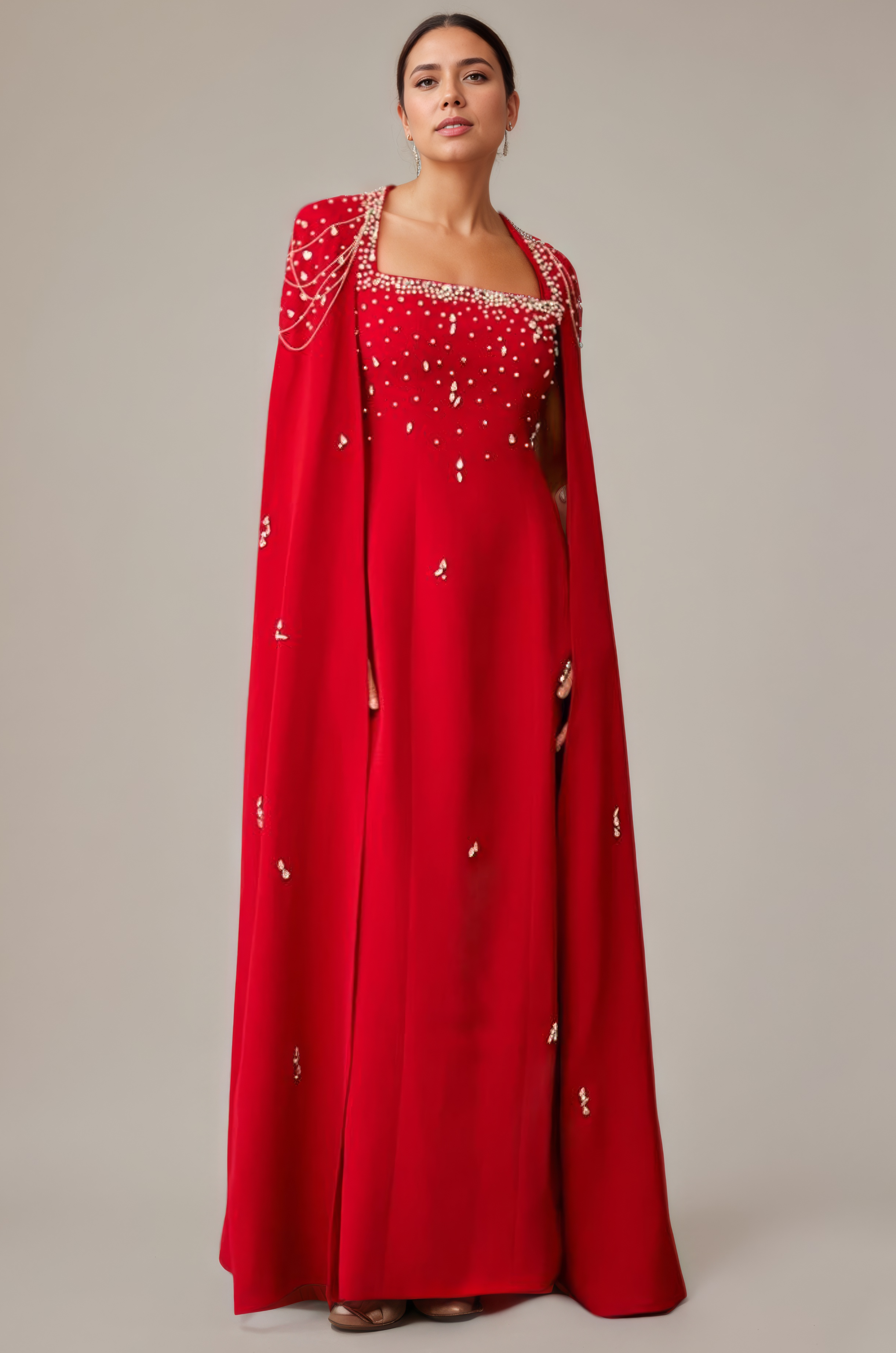 Celestial Chain Embellished Crimson Mirage  Cape Gown