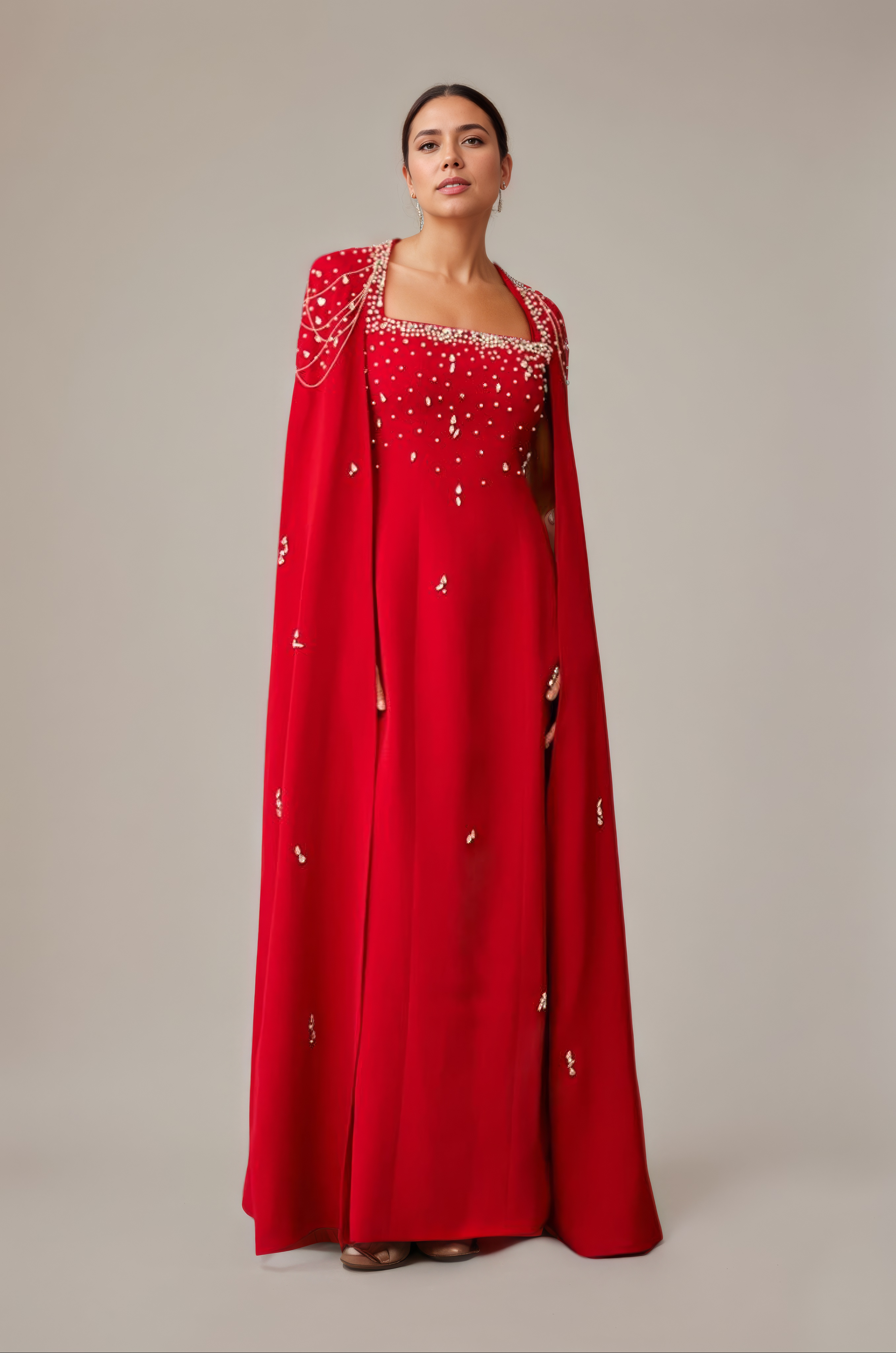 Celestial Chain Embellished Crimson Mirage  Cape Gown