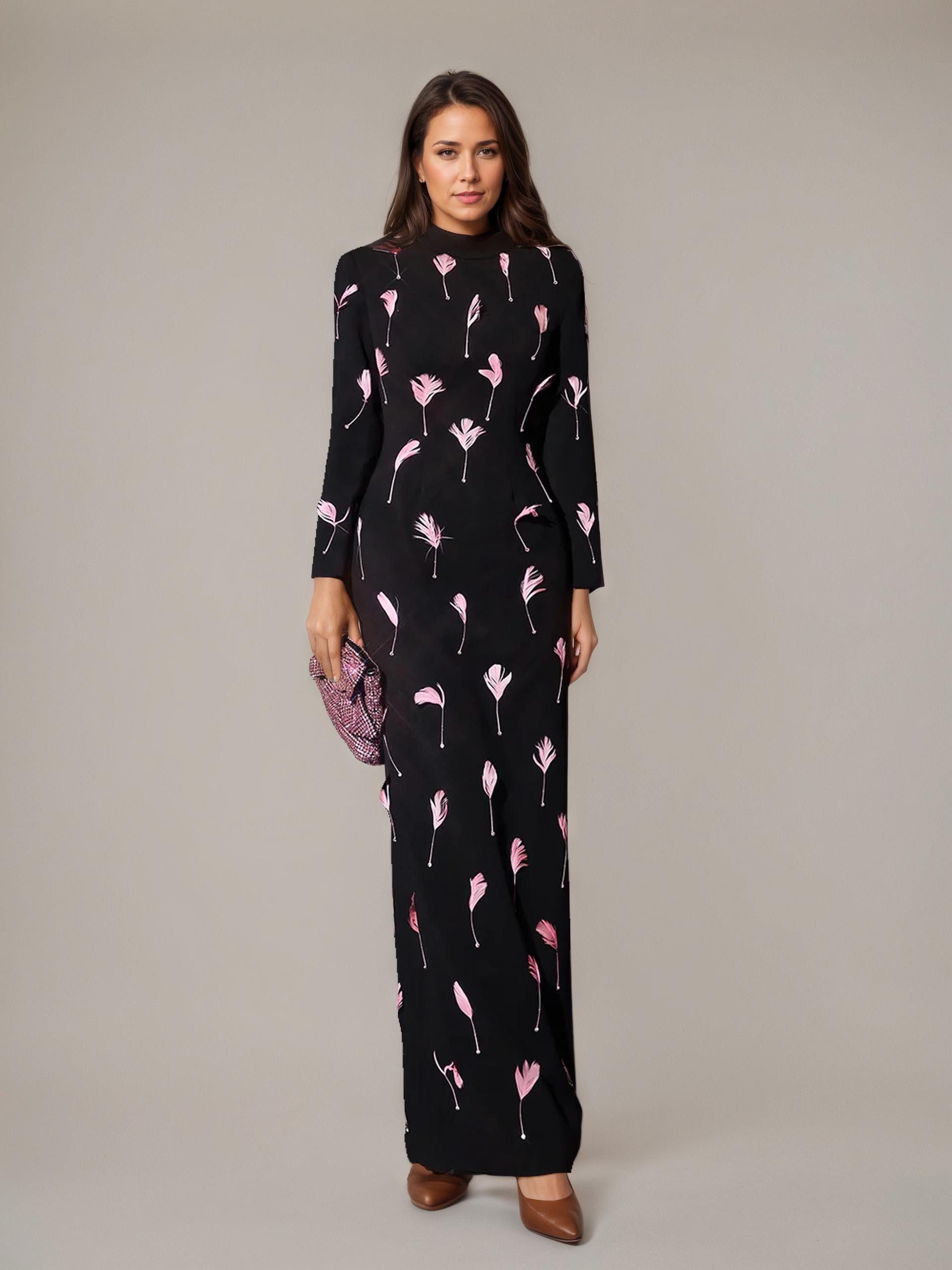 sleek black fabric with dramatic pink feather embellishments