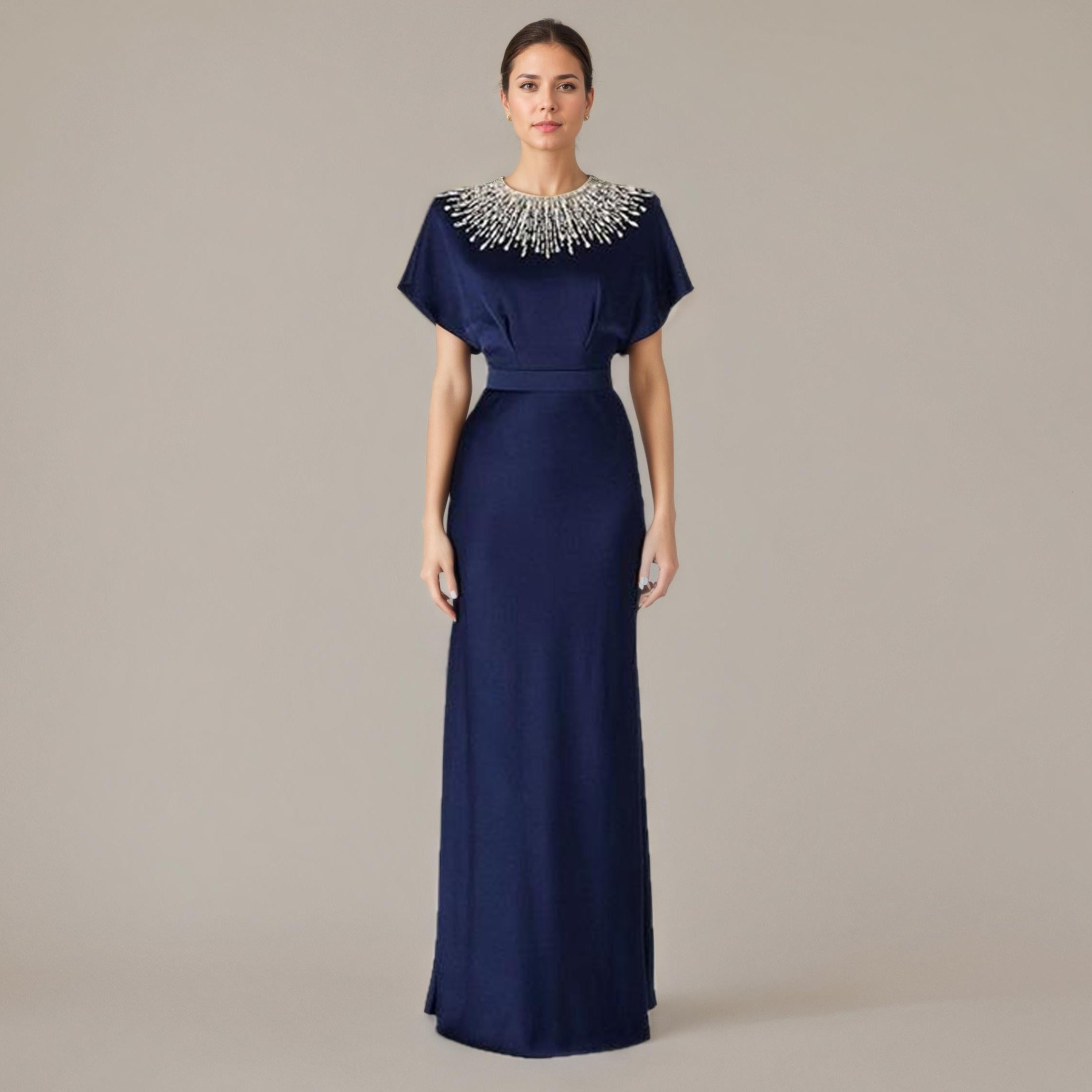 Embellished High-Neck Navy Evening Maxi Dress