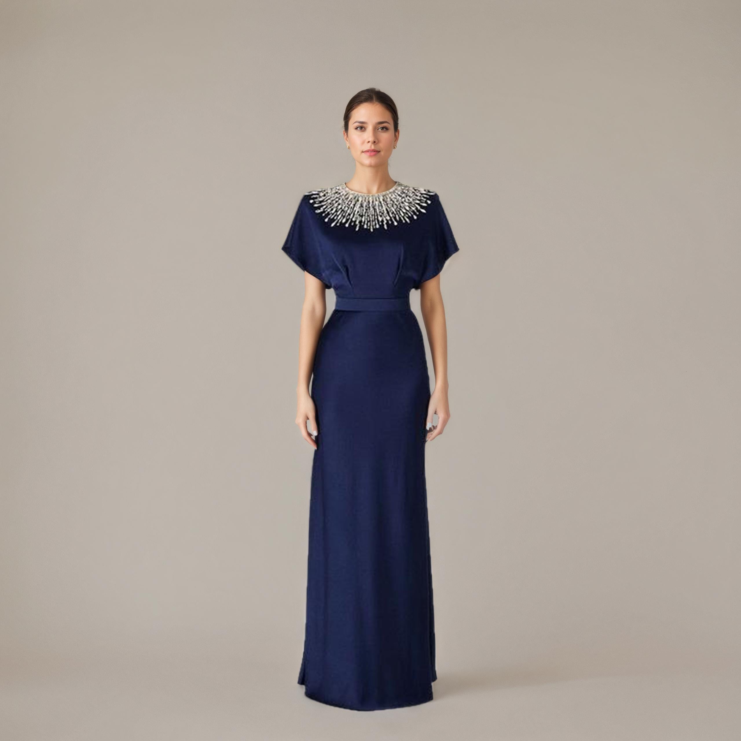 Embellished High-Neck Navy Evening Maxi Dress