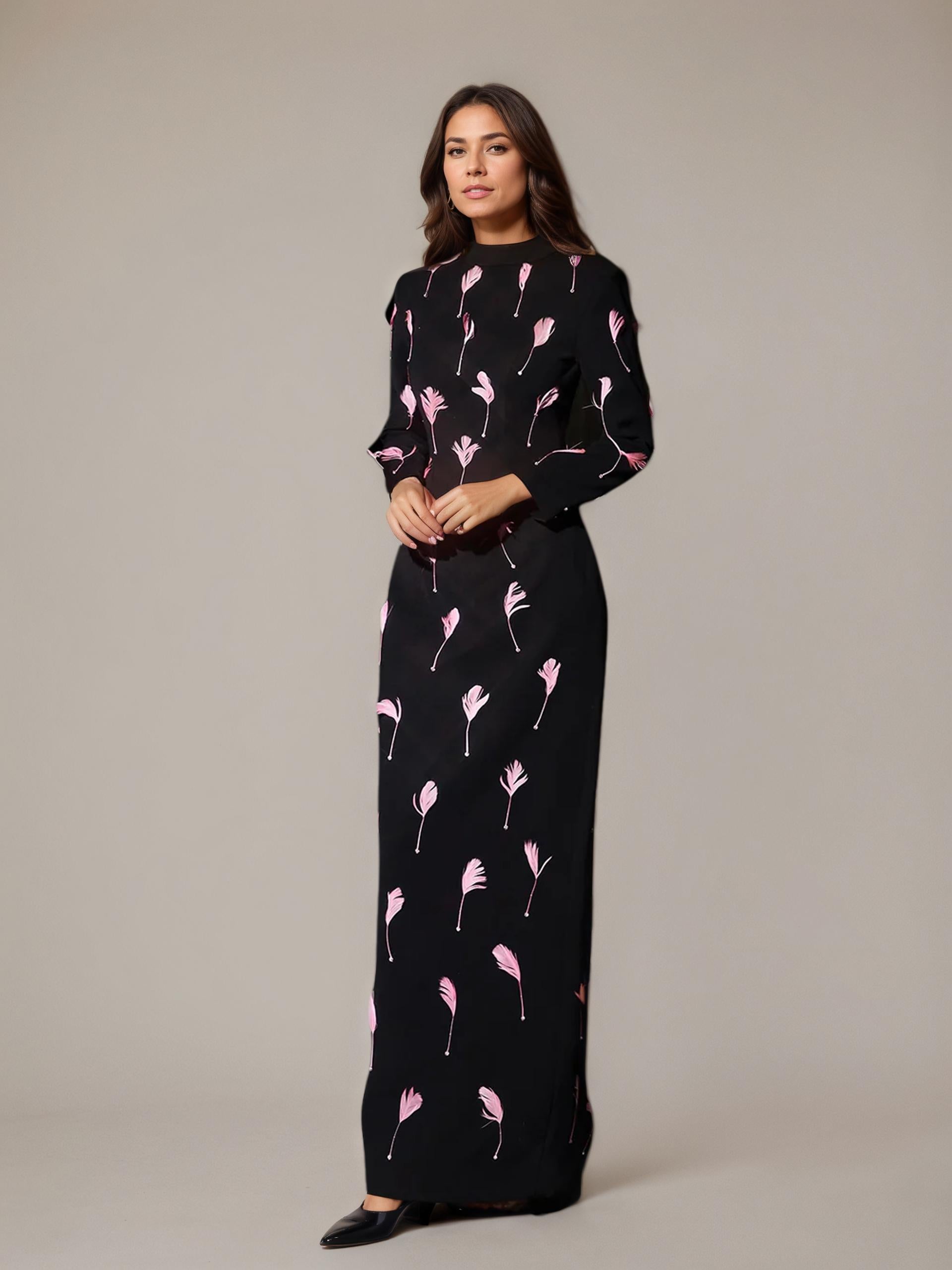 sleek black fabric with dramatic pink feather embellishments
