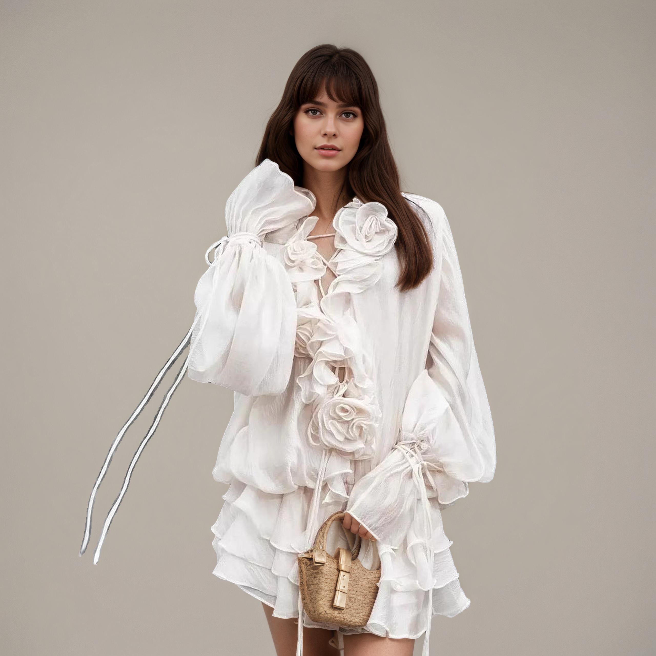 Ivory Floral-Appliqué Tiered Mini Dress