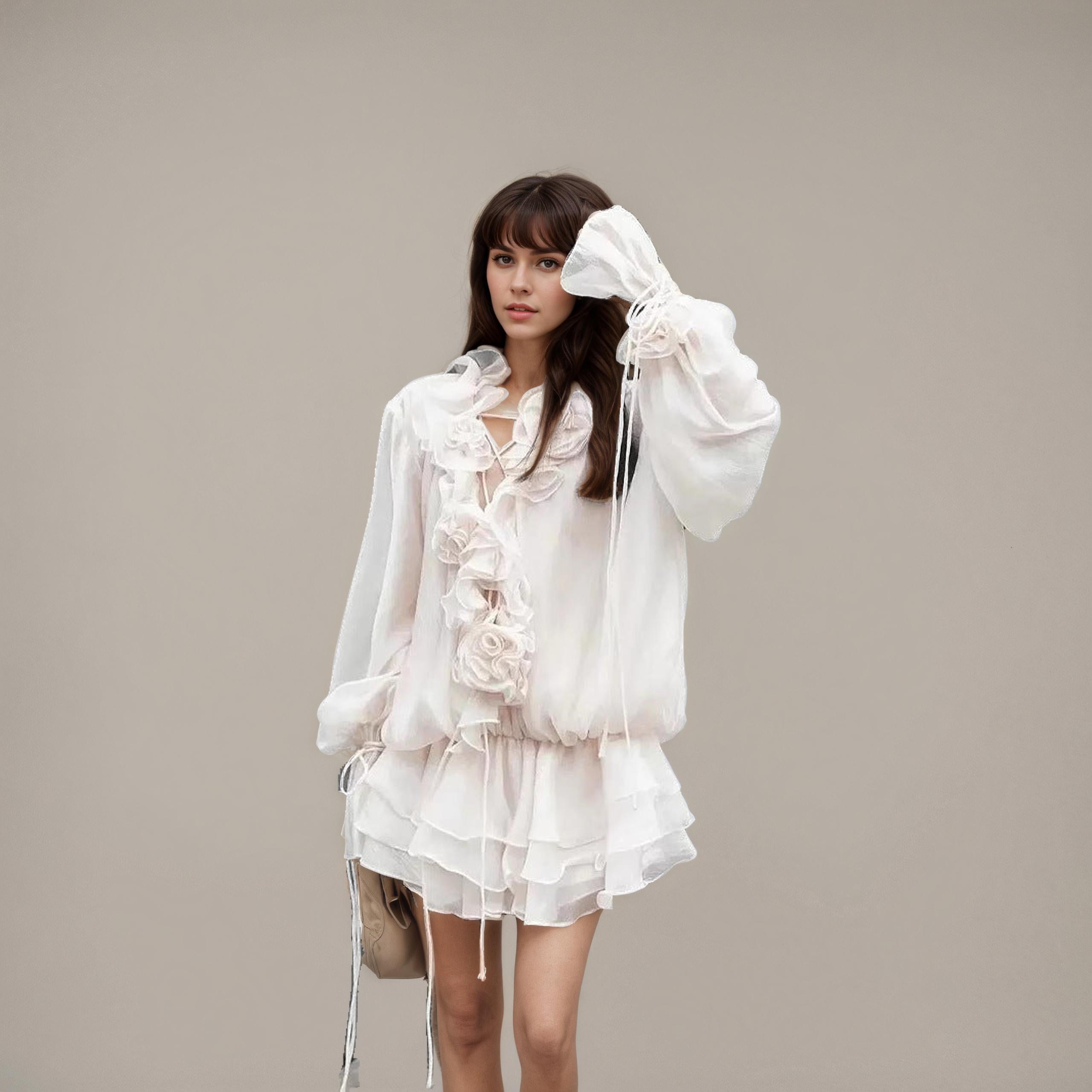 Ivory Floral-Appliqué Tiered Mini Dress - Back View