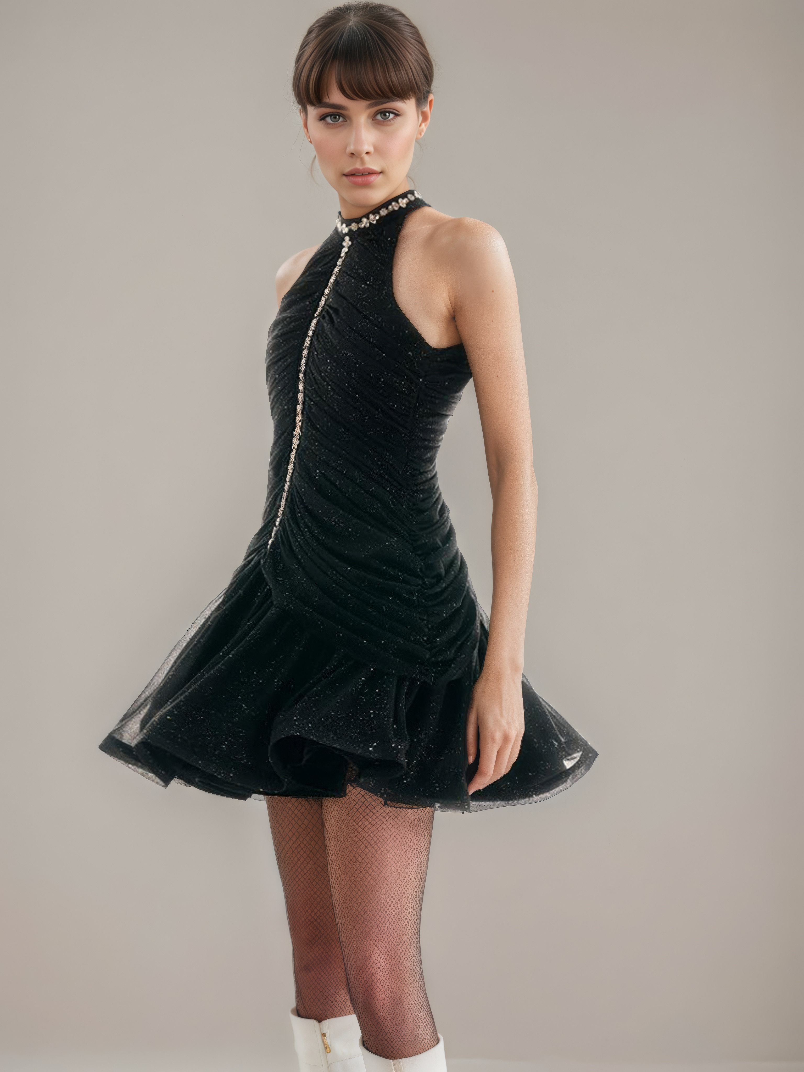 Black-toned mini dress with halter neckline