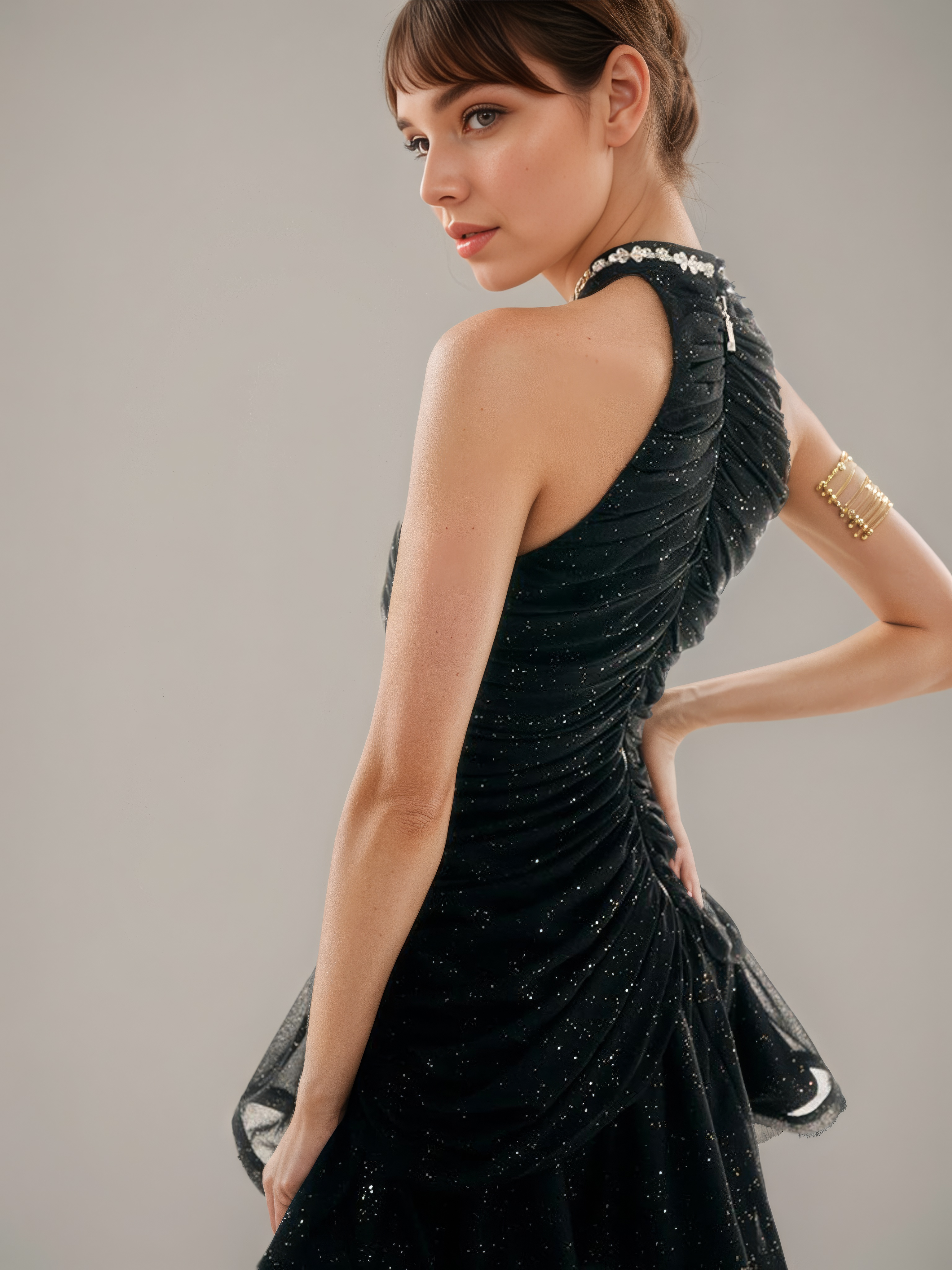 Black-toned mini dress with halter neckline