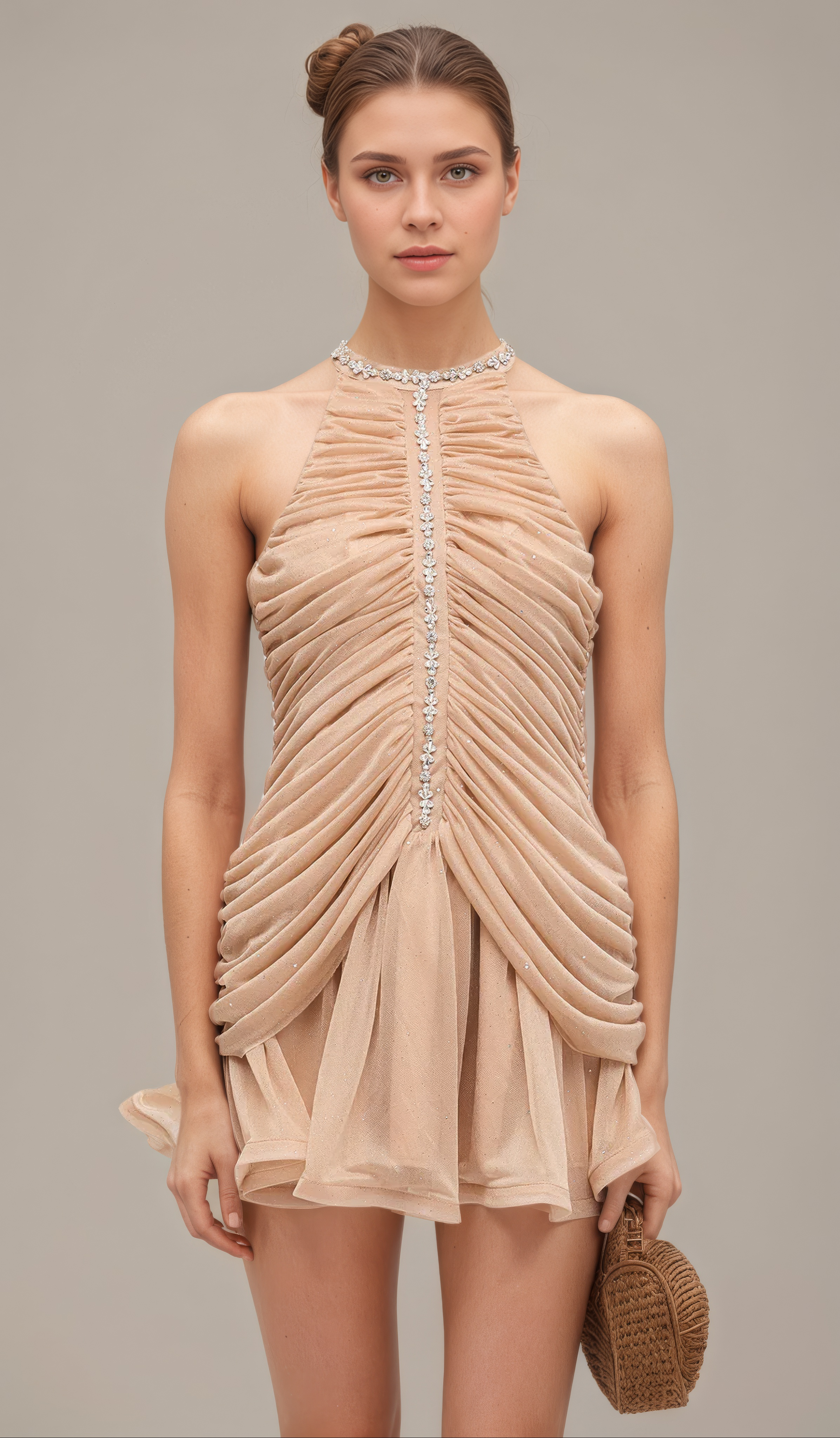 Nude-toned mini dress with halter neckline