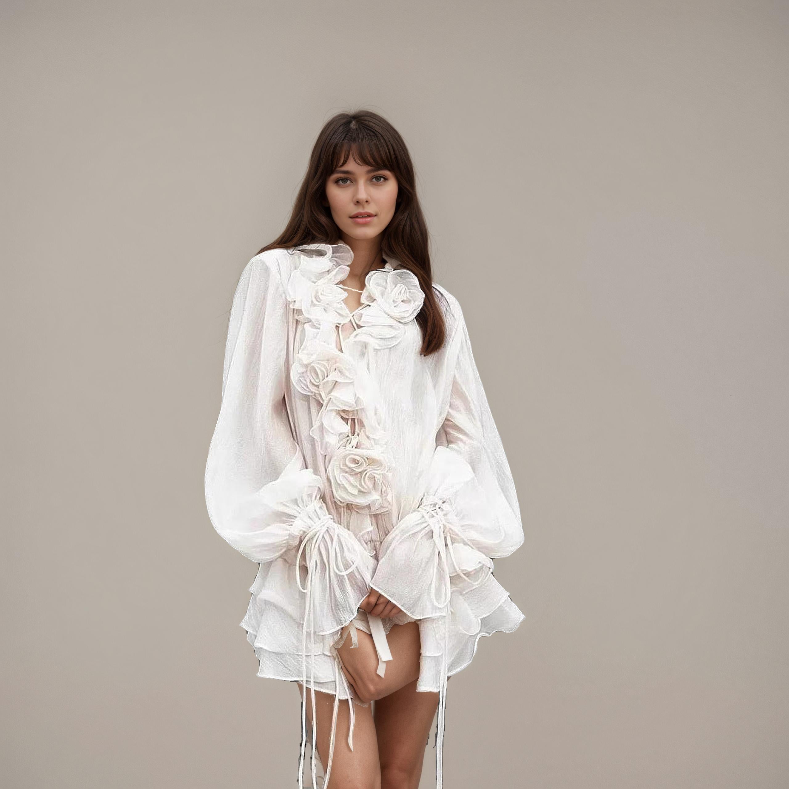 Ivory Floral-Appliqué Tiered Mini Dress - Side View