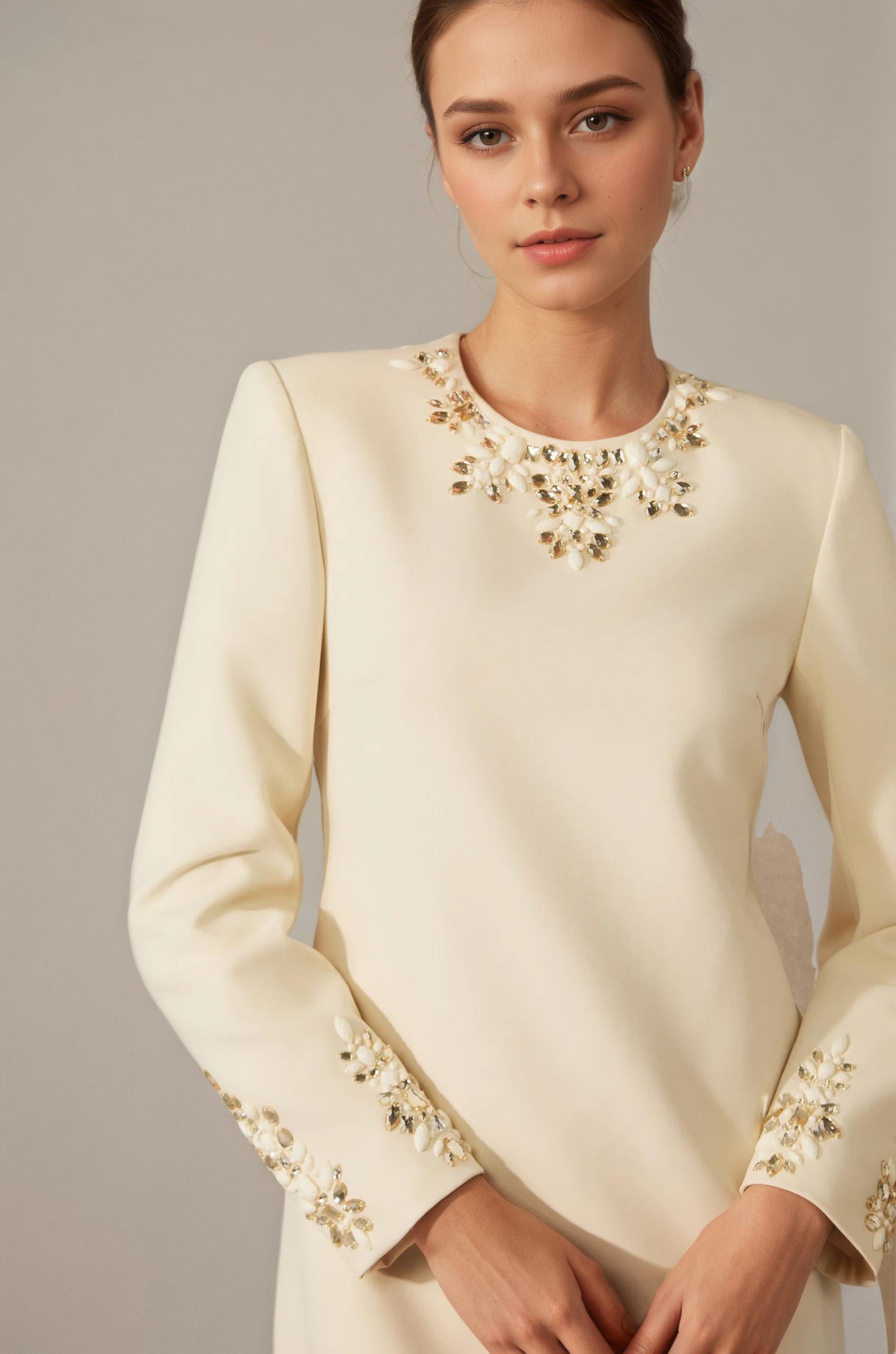 Embroidered Pearl Collar Mini Evening Dress