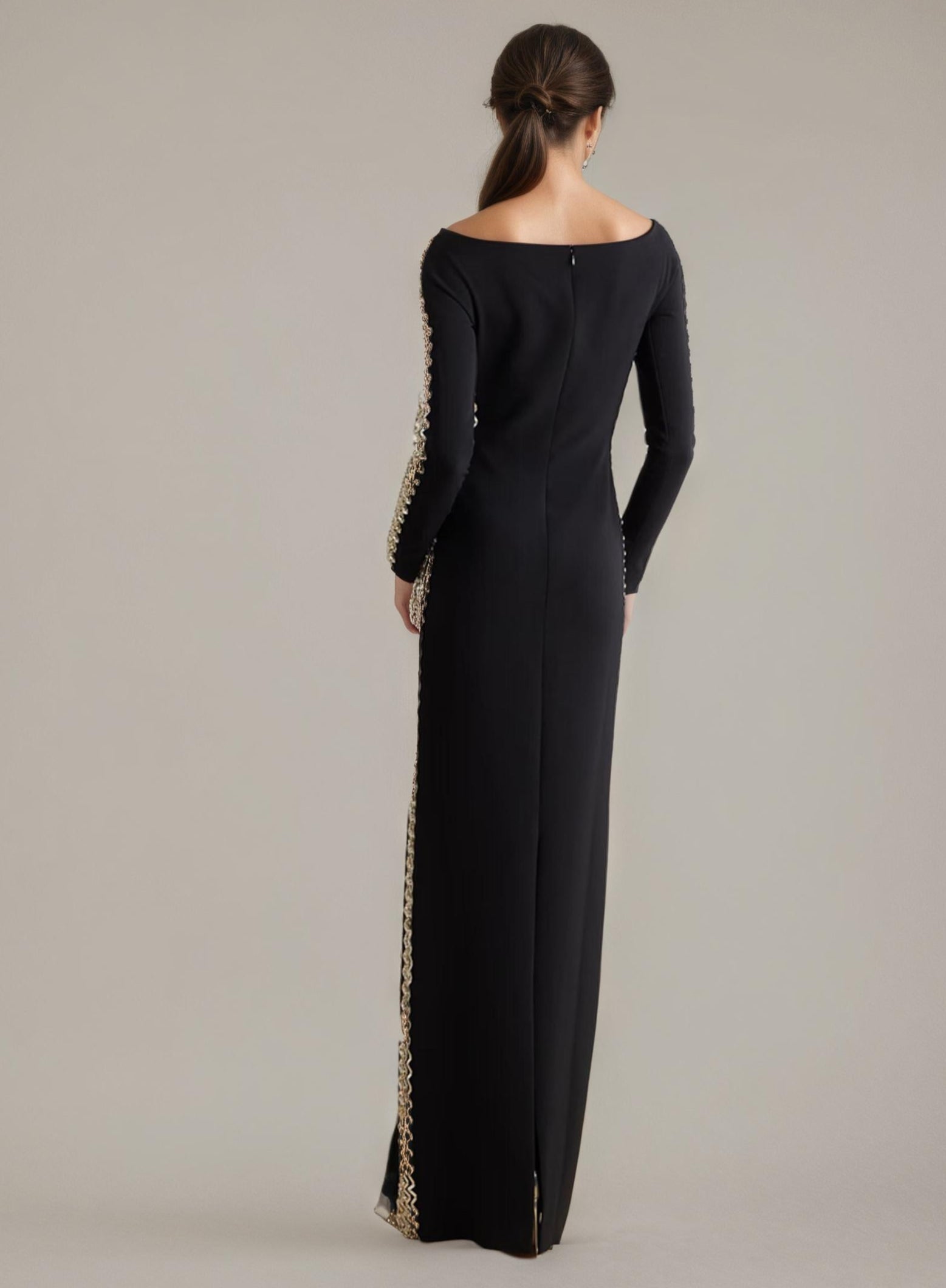 Beaded Trim One-Shoulder Black Evening Gown