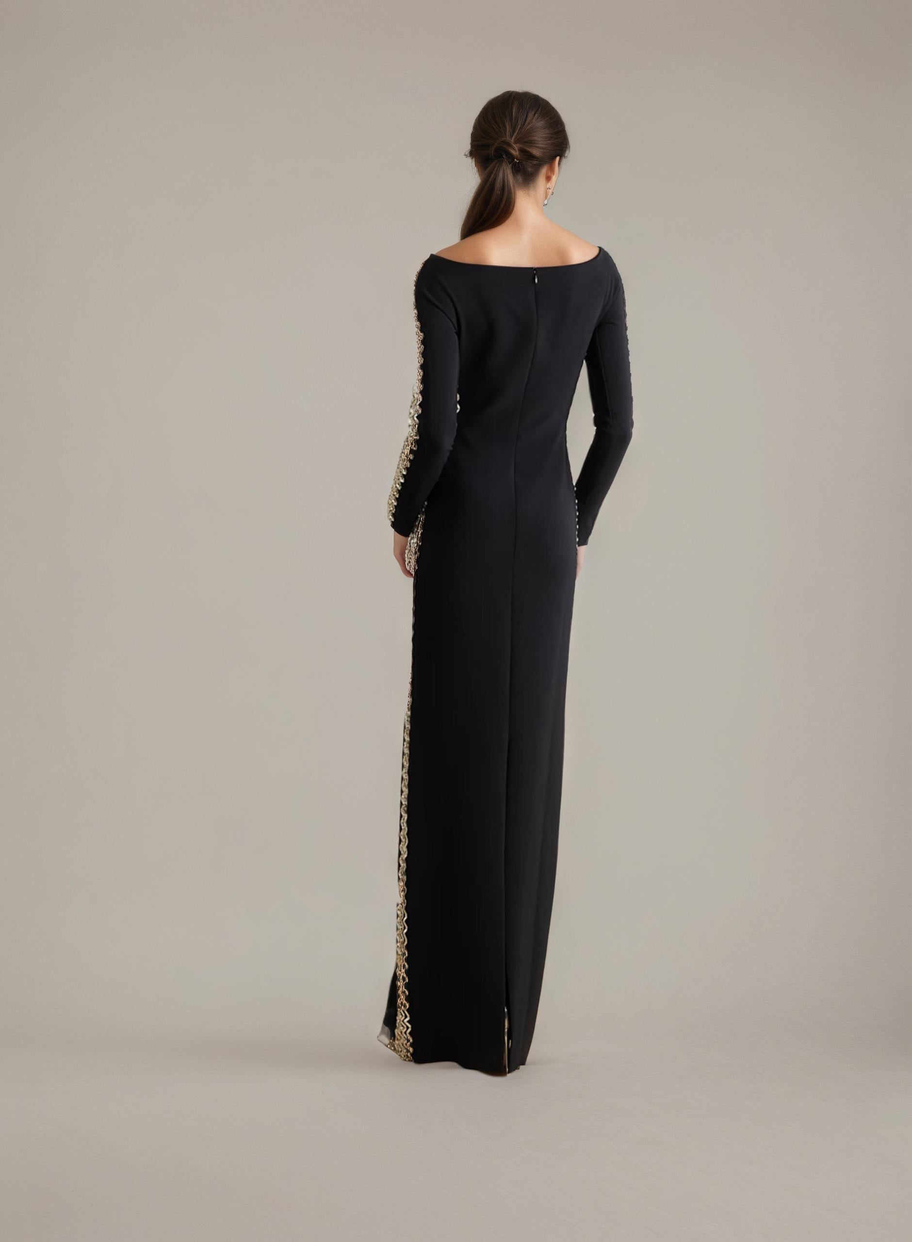 Beaded Trim One-Shoulder Black Evening Gown