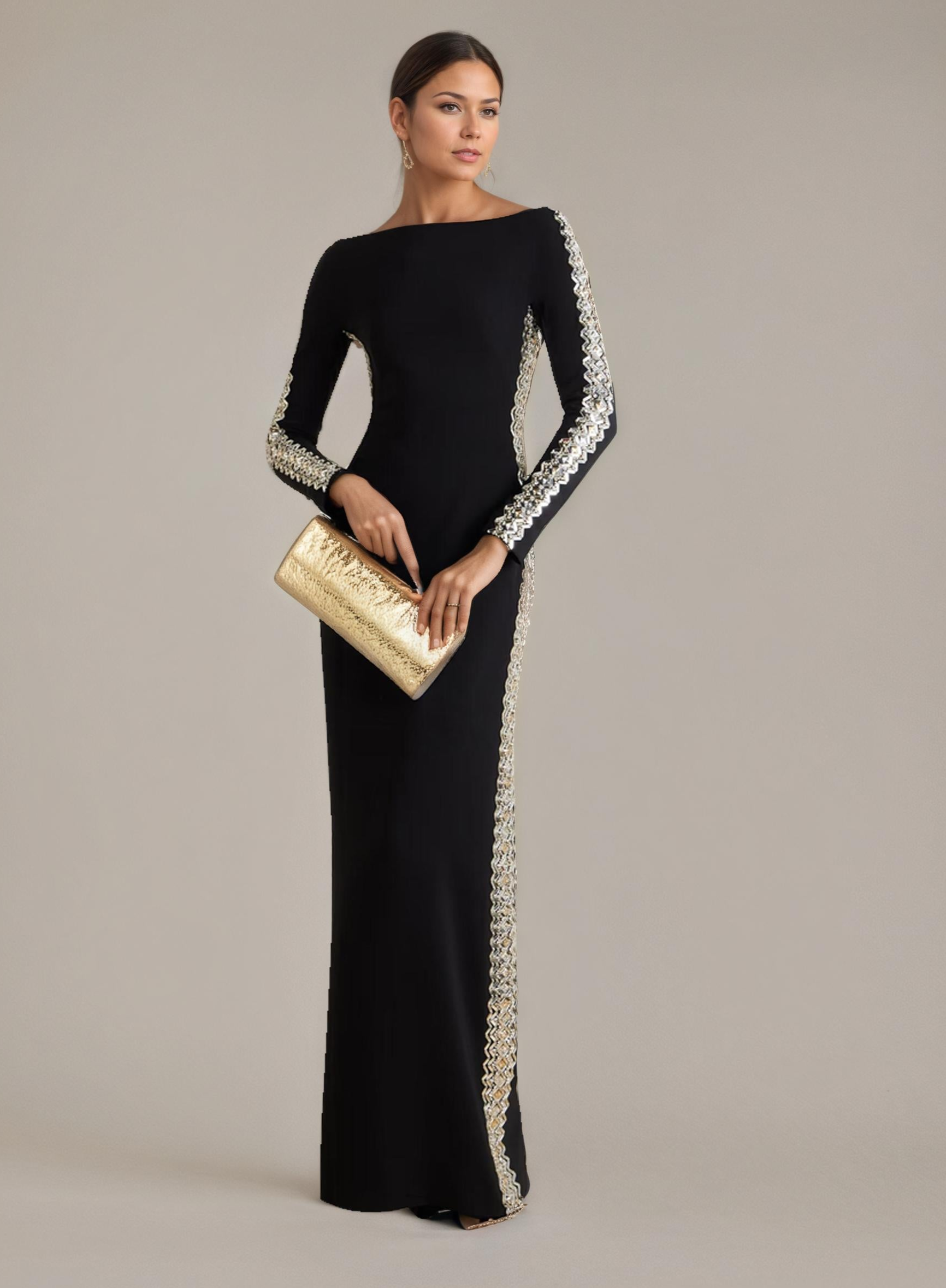Beaded Trim One-Shoulder Black Evening Gown