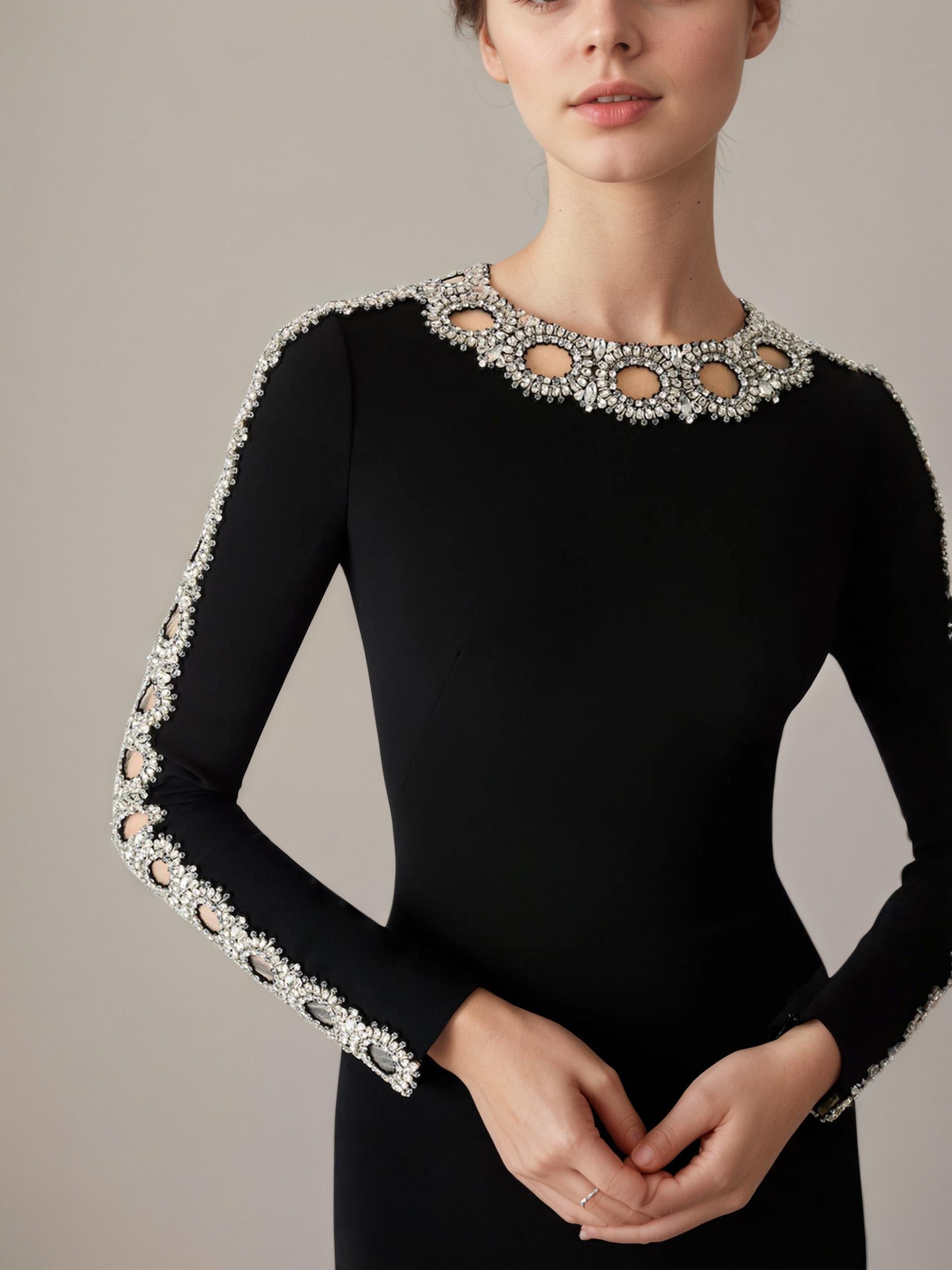 Moonlight Embrace Beaded Sleeve Column Dress