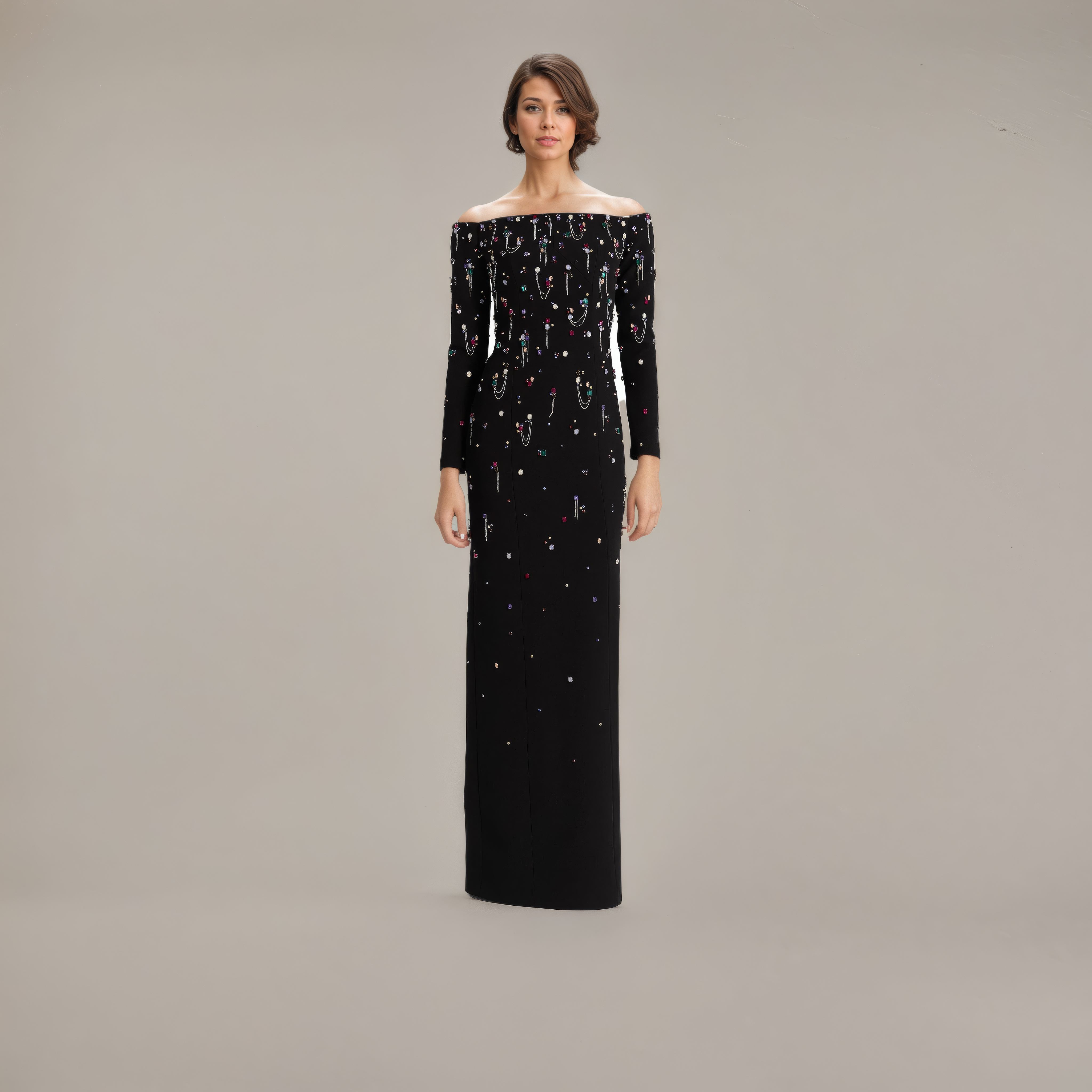 Heavy Beaded Black Star Neckline Dress