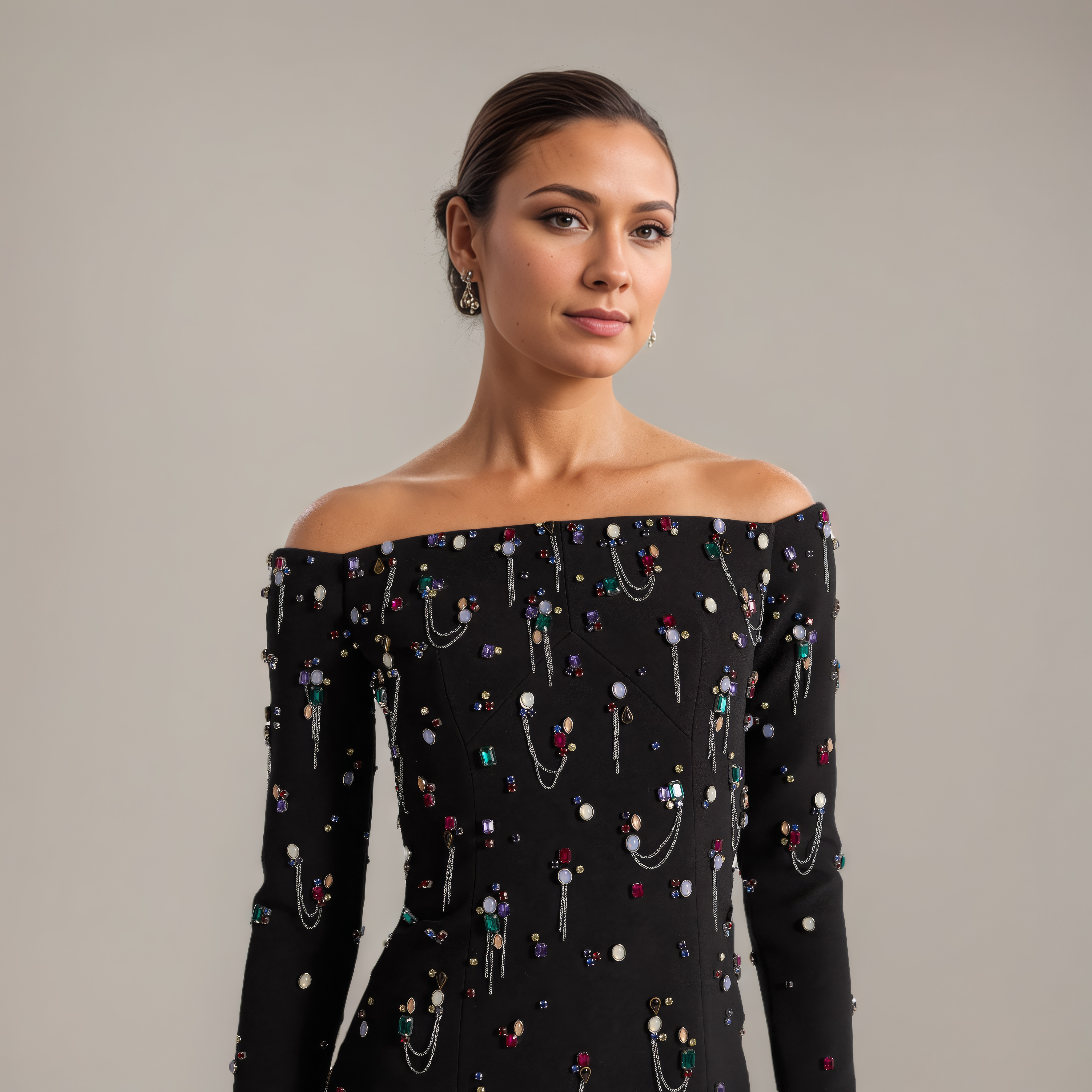 Heavy Beaded Black Star Neckline Dress