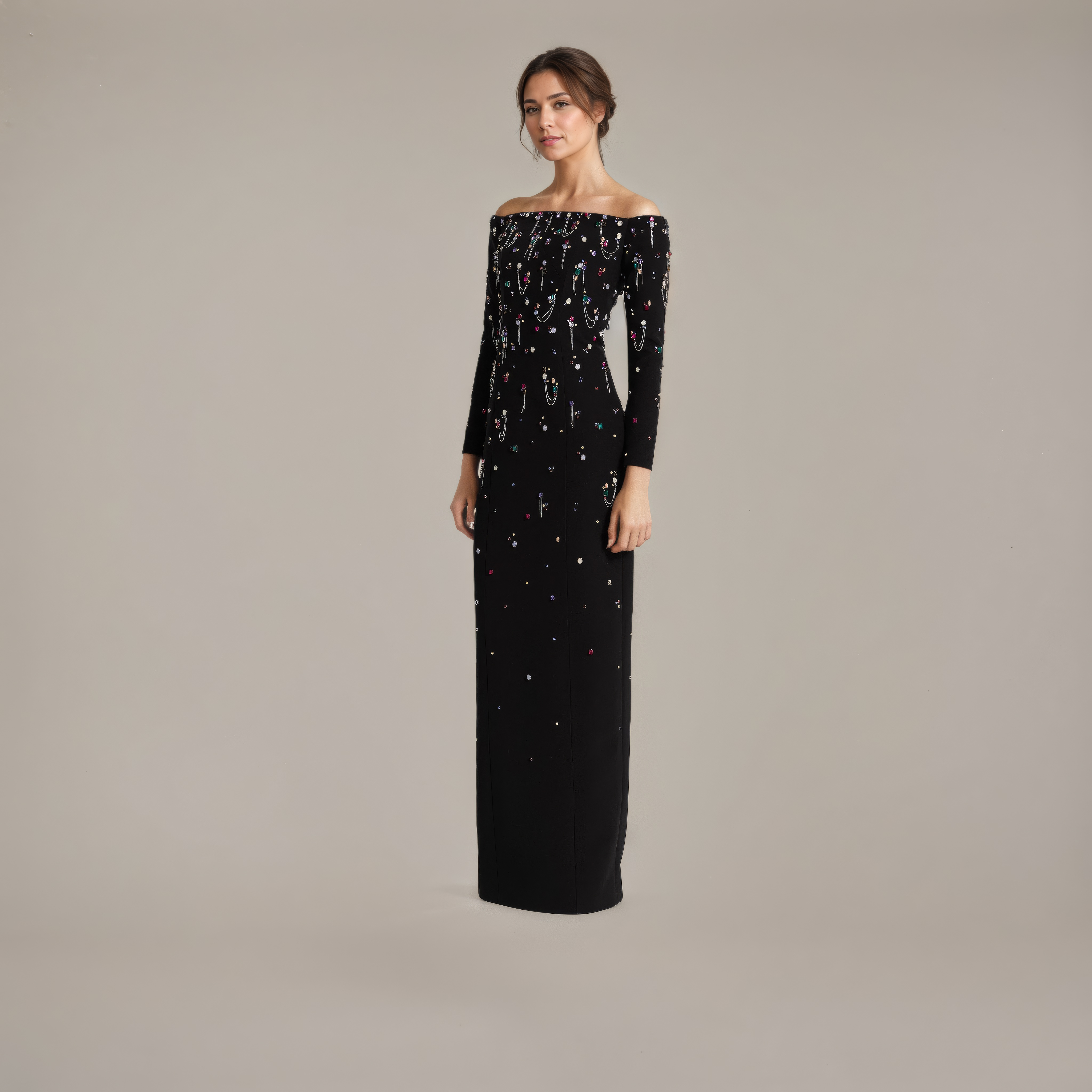Heavy Beaded Black Star Neckline Dress