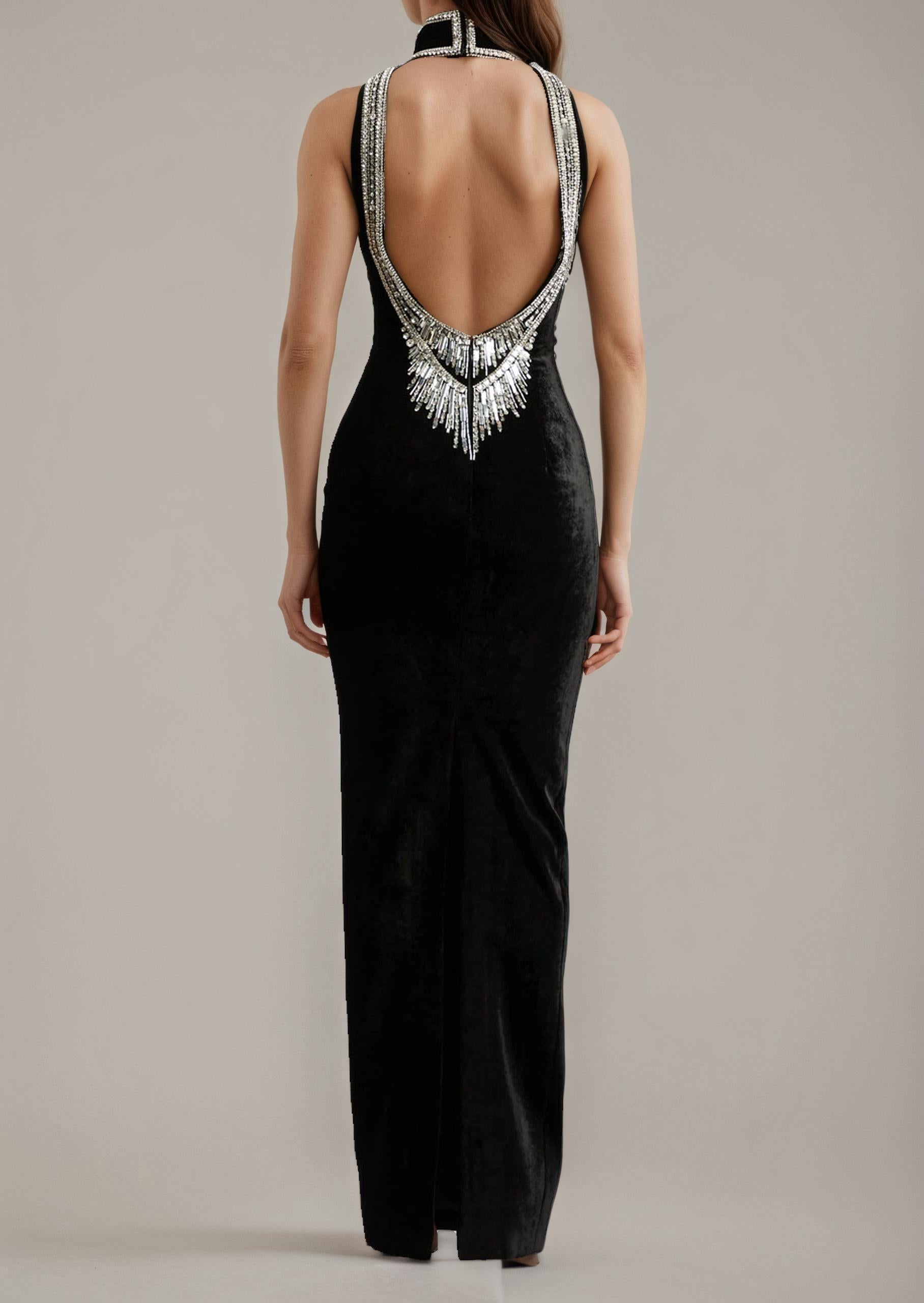 Velvet Eclipse Beaded Halter-Backless Gown