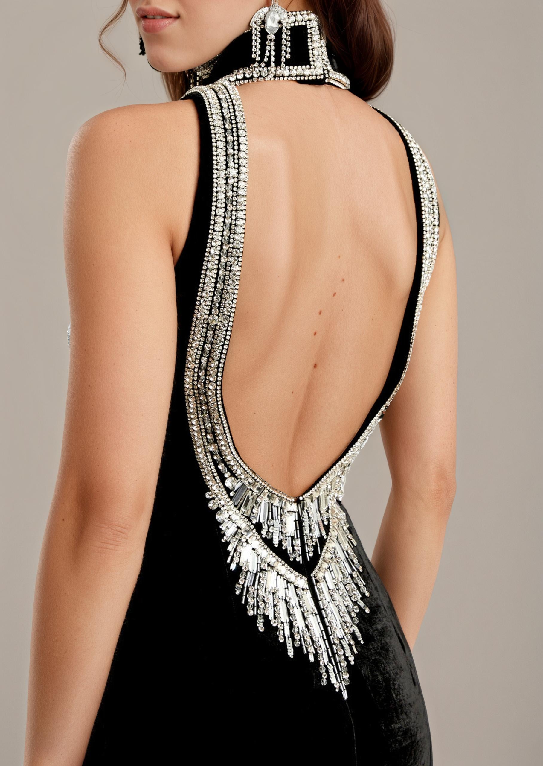 Velvet Eclipse Beaded Halter-Backless Gown