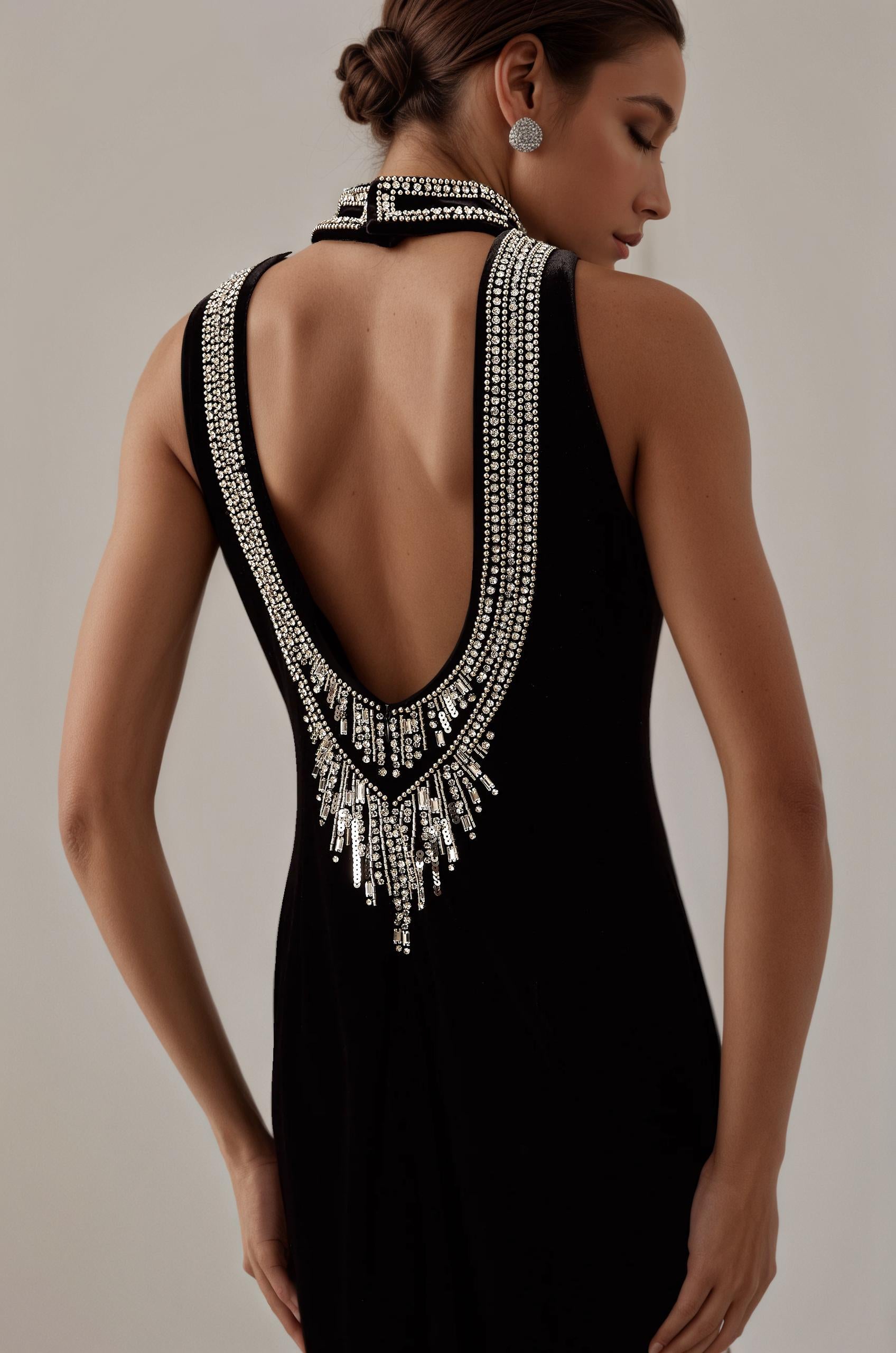 Velvet Eclipse Beaded Halter-Backless Gown