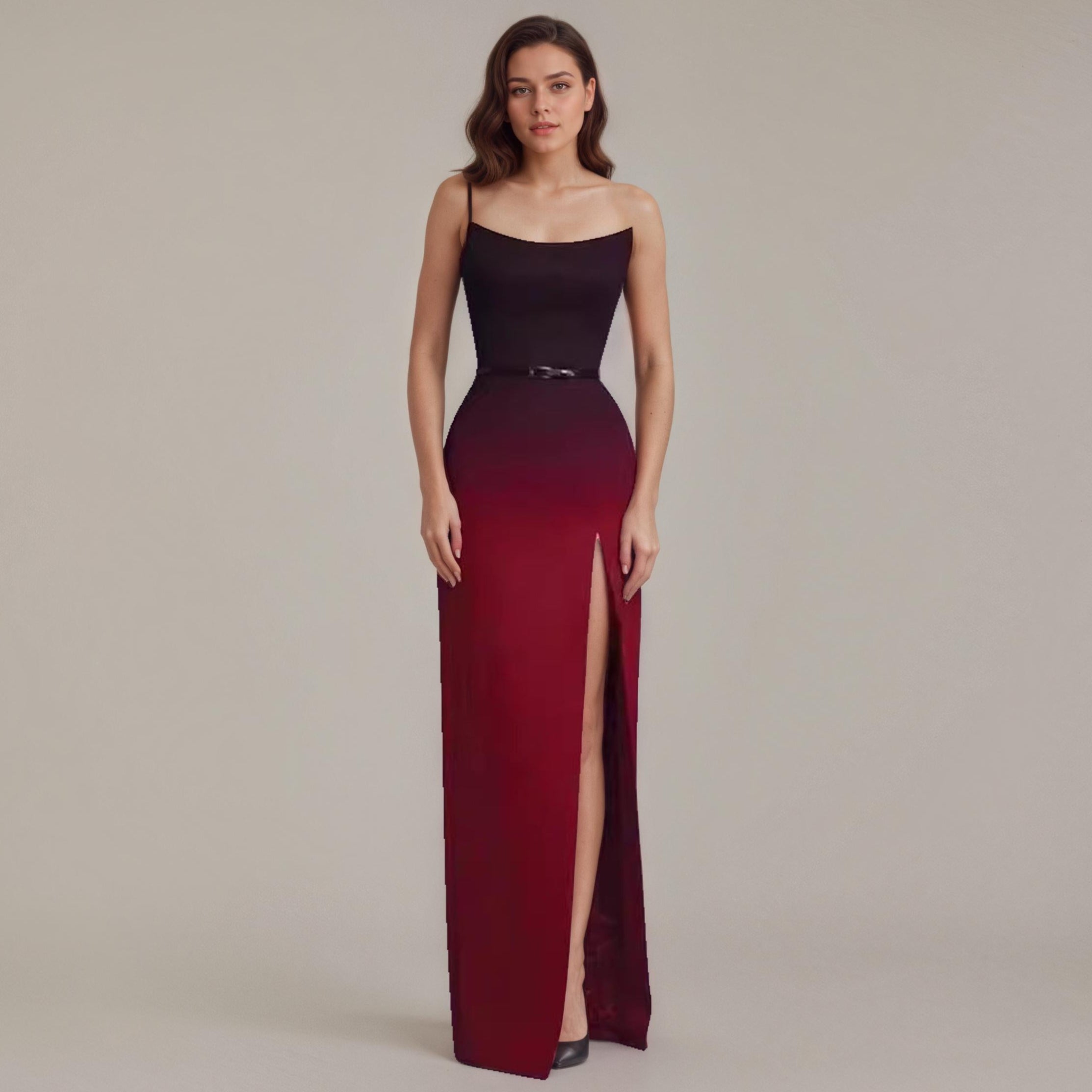 Ombre strapless gown with high slit