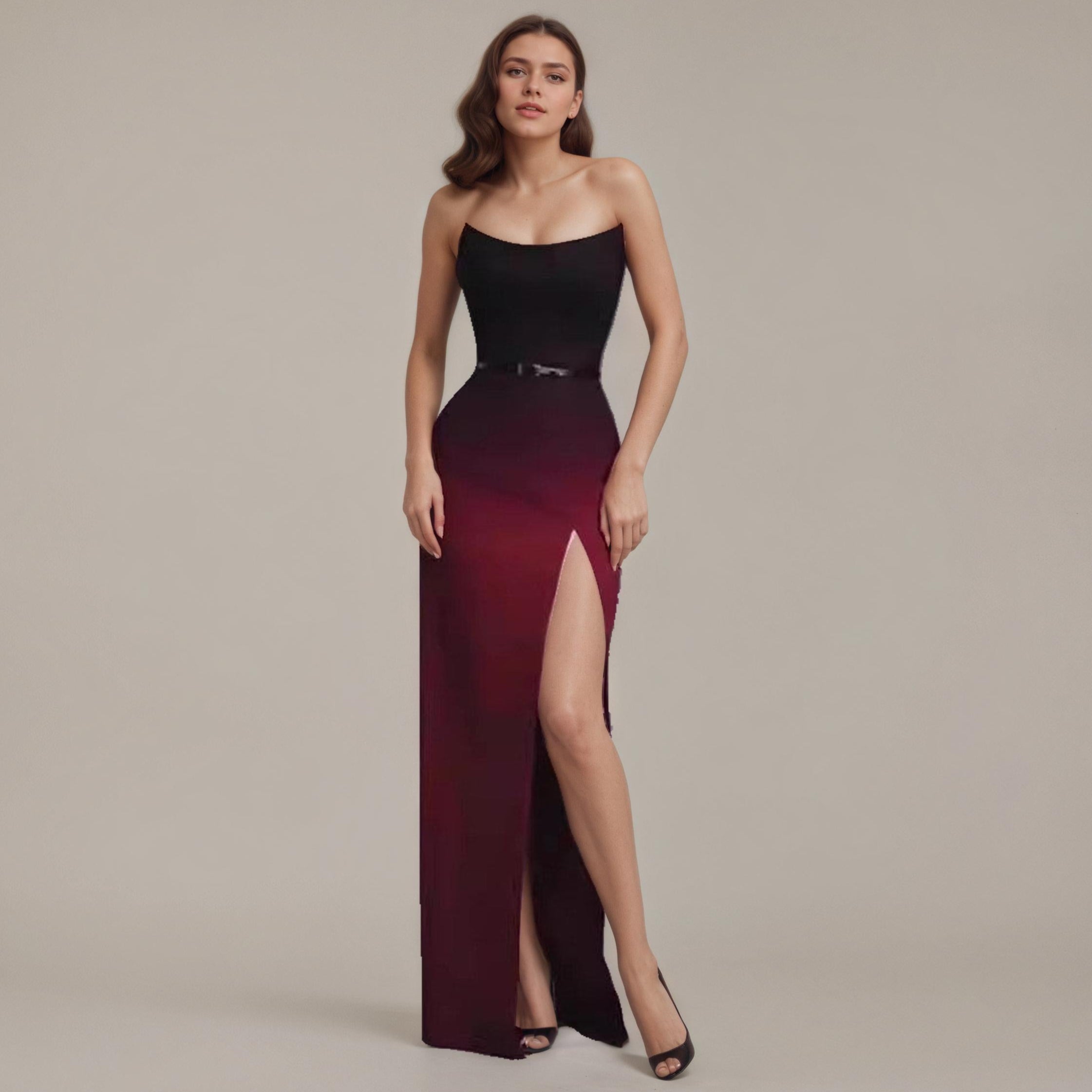 Ombre strapless gown with high slit