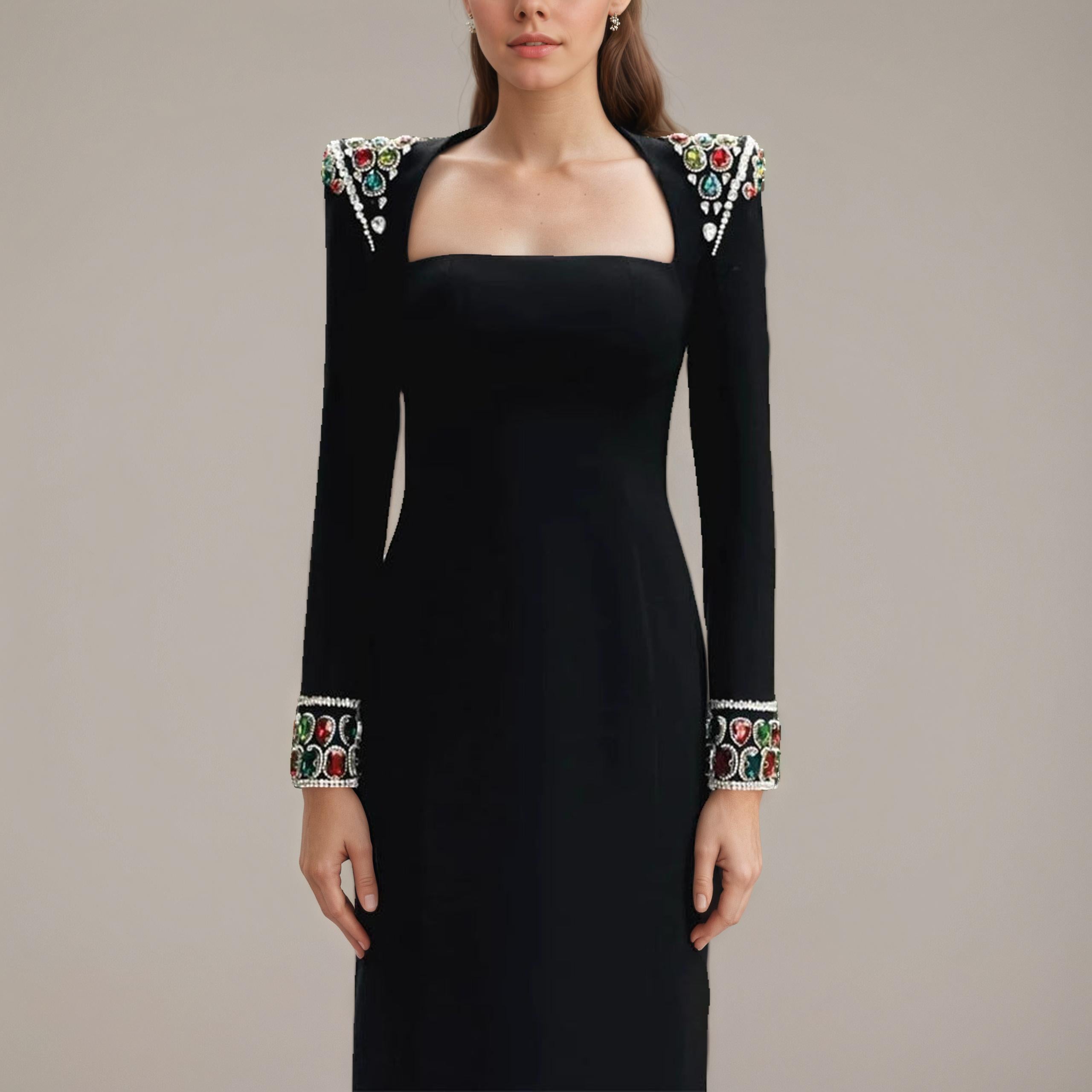 Square Neck Dress with Jeweled Accents