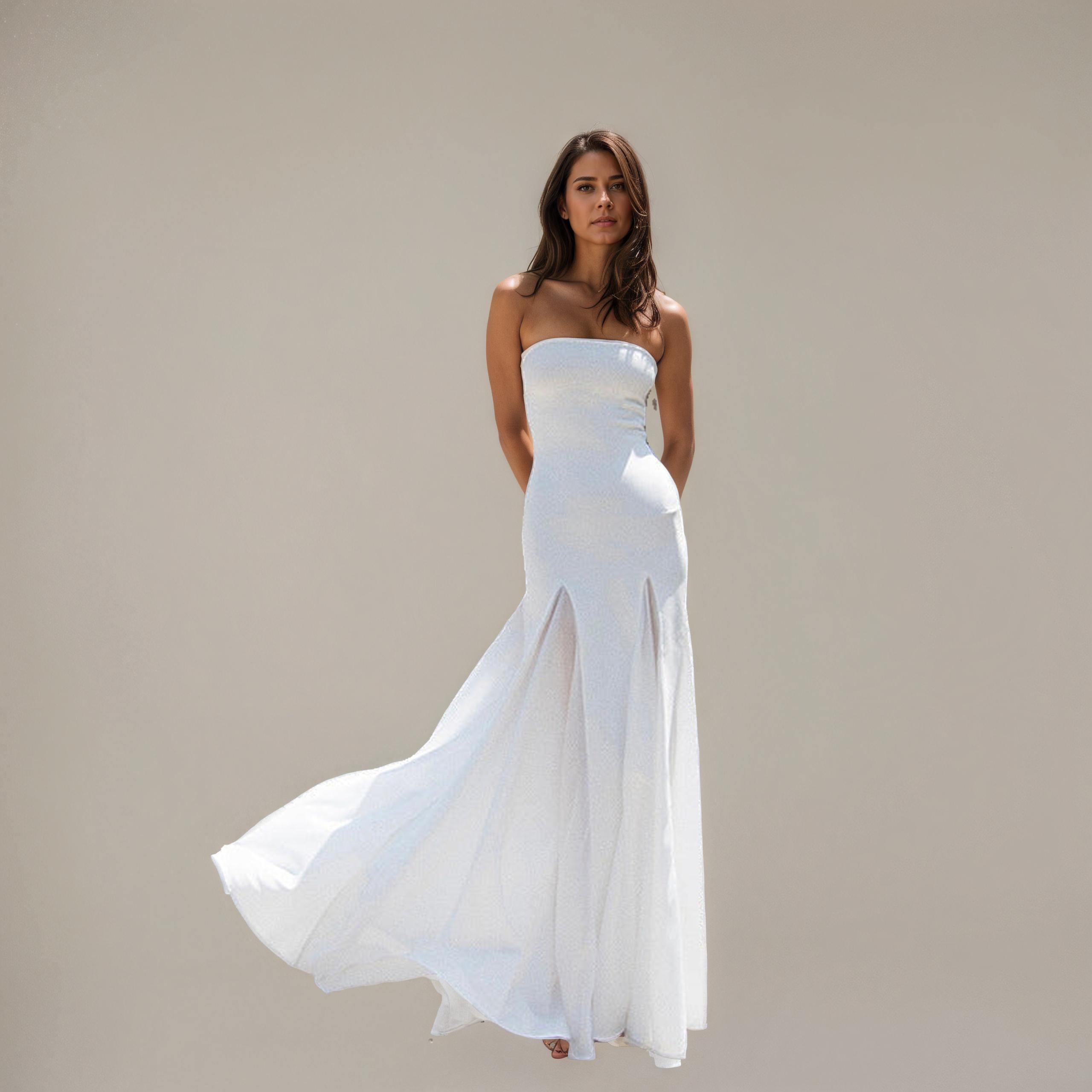 white Strapless Satin Swing Maxi Dress