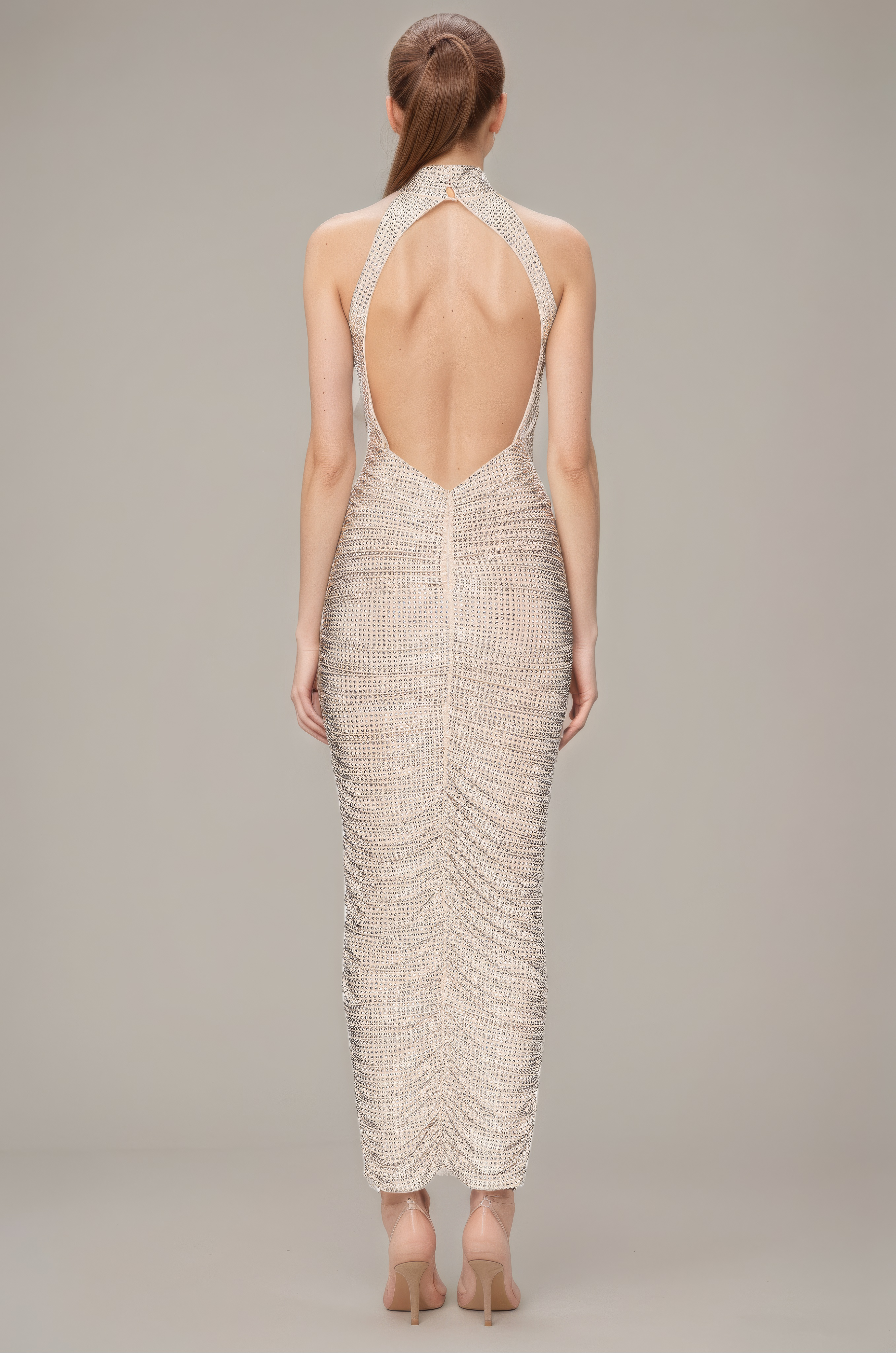 Champagne Starlit Halterneck Ruched Gown