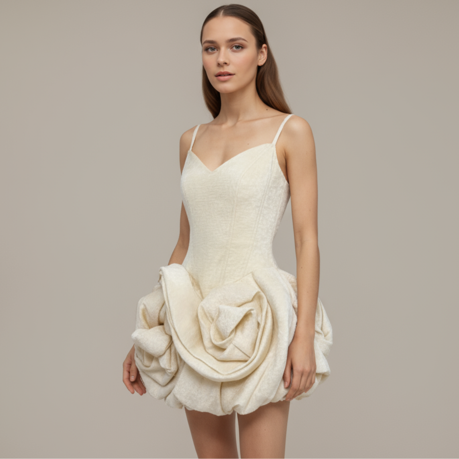 Ivory Sculptural Rosette Bubble Mini Dress