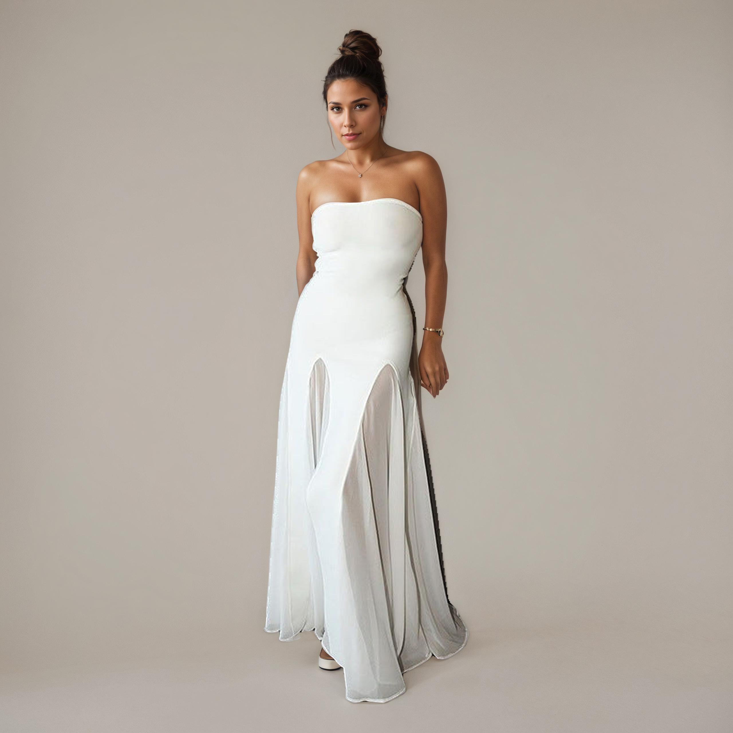 white Strapless Satin Swing Maxi Dress