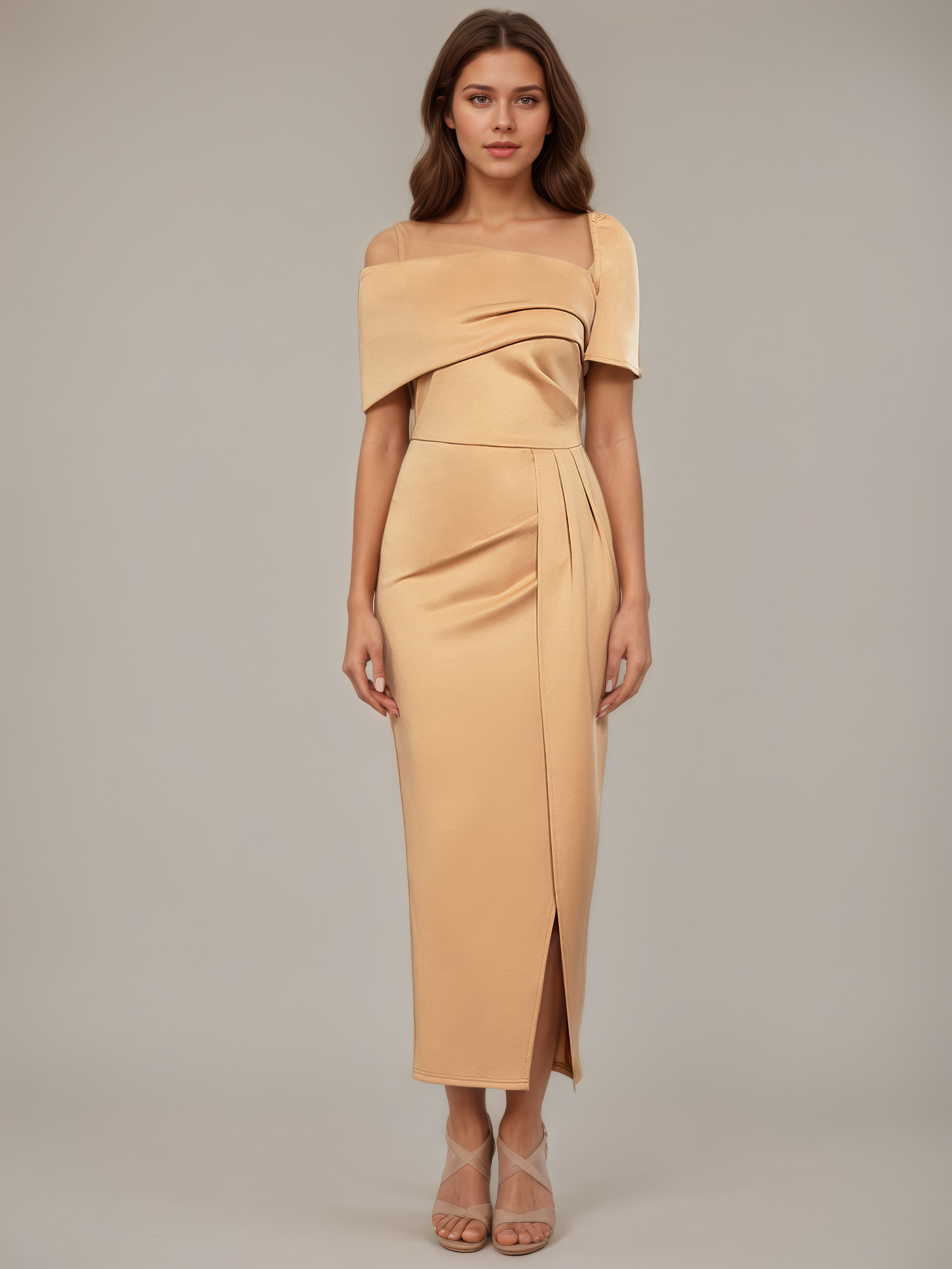 Camel One-Shoulder Draped Front-Slit Midi Dress