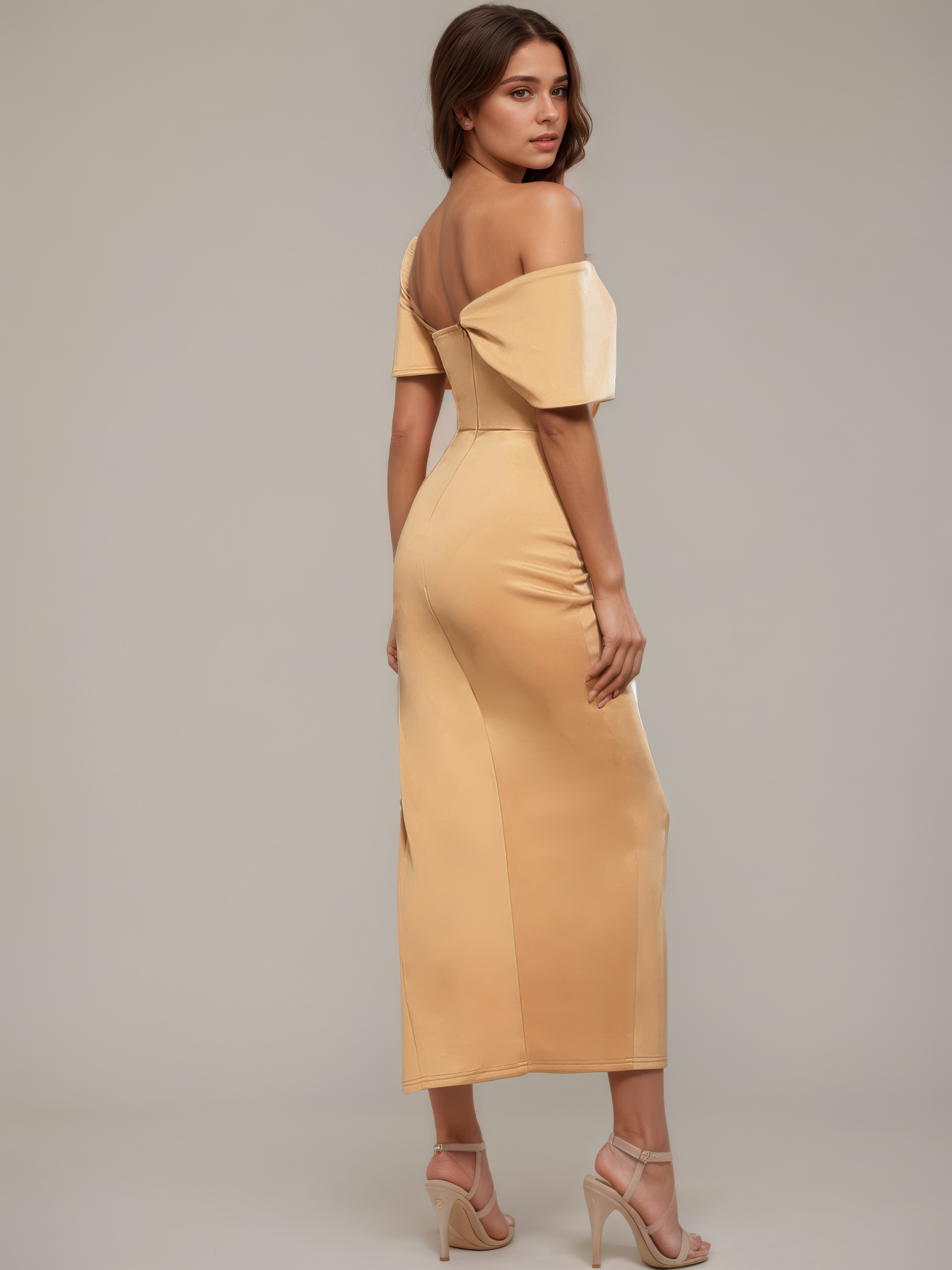 Camel One-Shoulder Draped Front-Slit Midi Dress