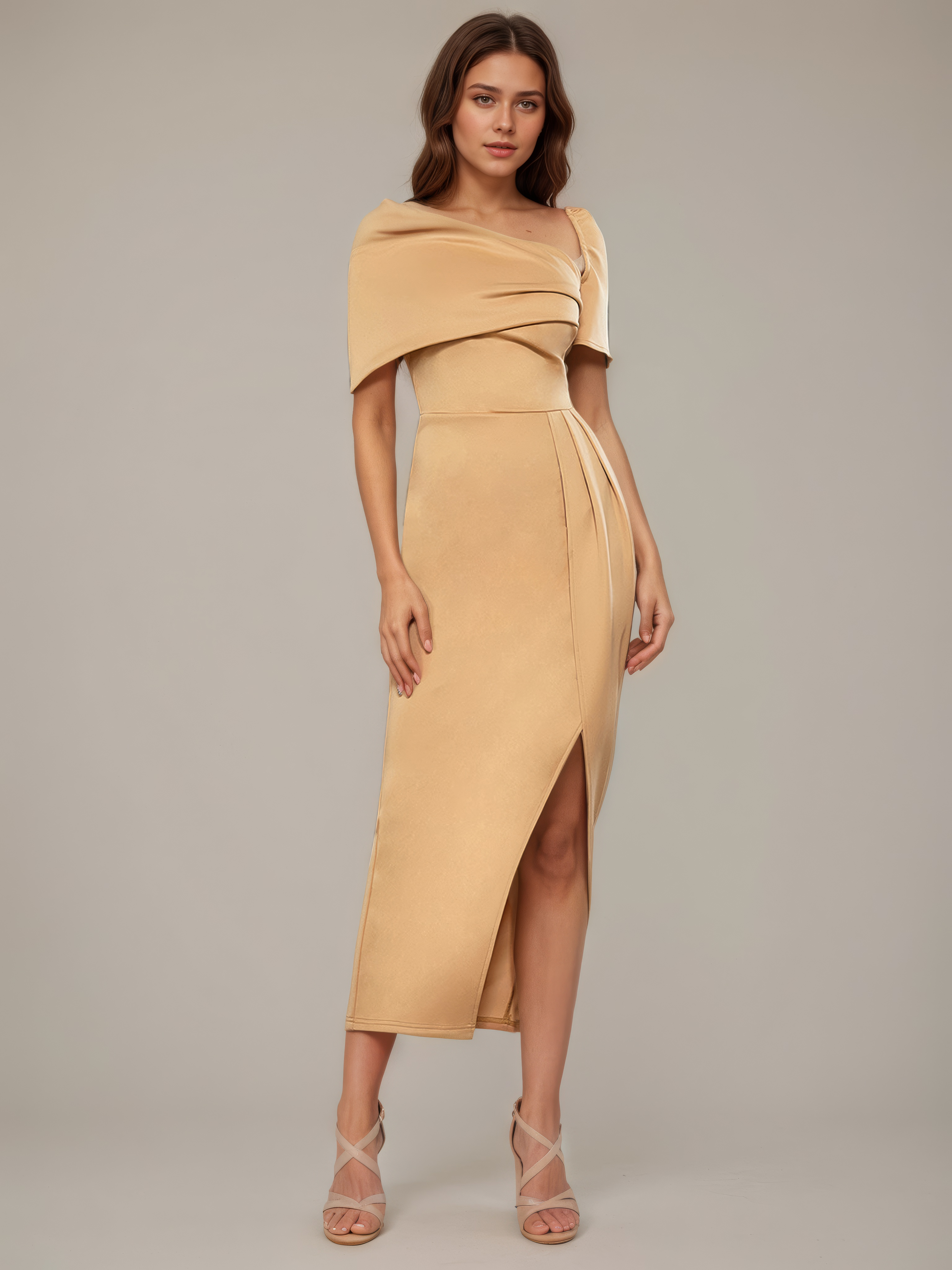 Camel One-Shoulder Draped Front-Slit Midi Dress