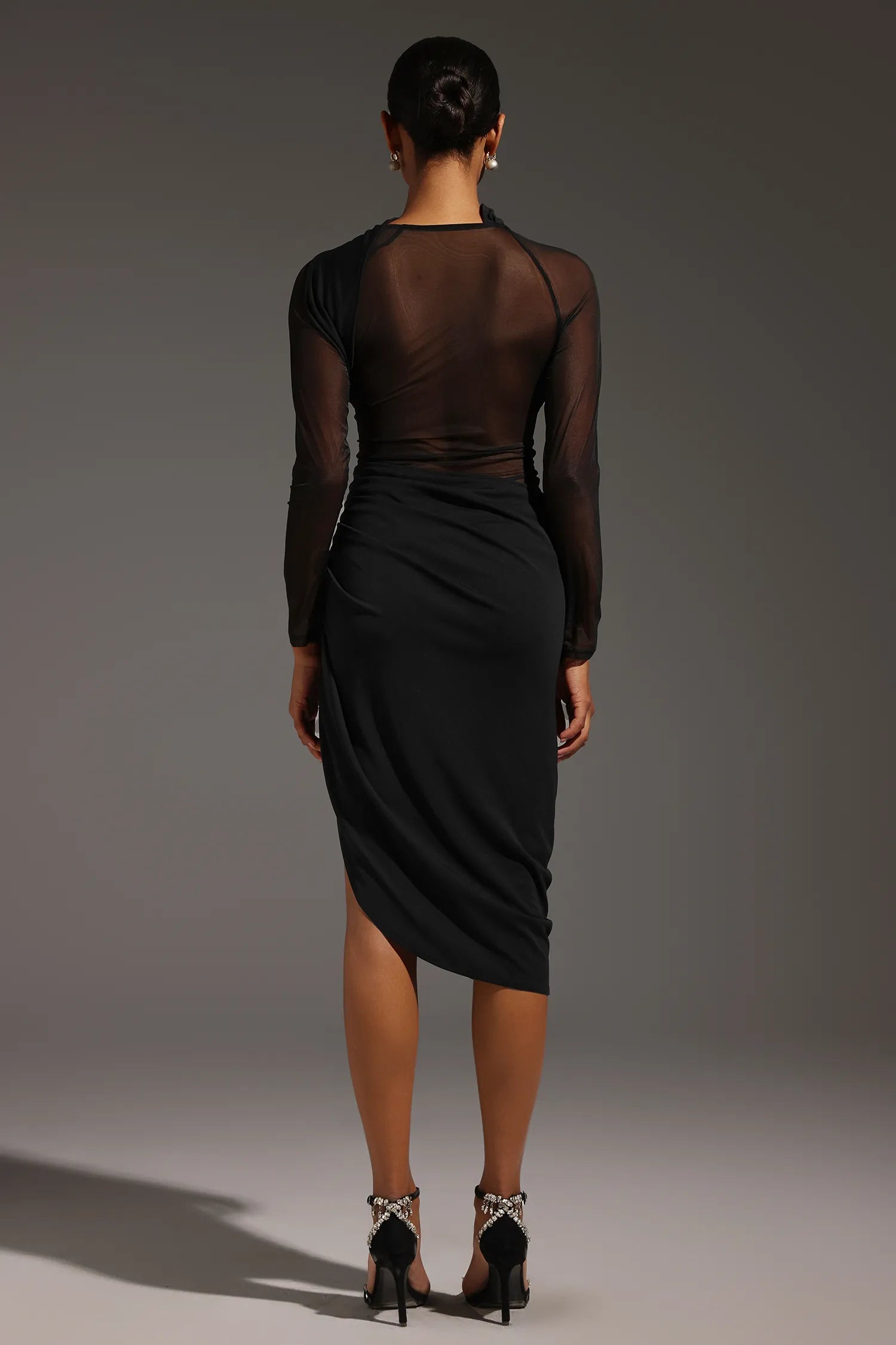 Midnight Veil Ruched Midi Dress