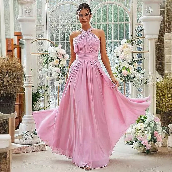 2026 Cross-border New Banquet Evening Gown, Summer Bridesmaid Dress, Pleated Slim Sleeveless Solid Color Elegant Dress for Women — front view
