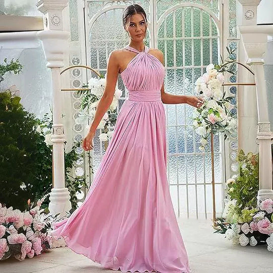 2026 Cross-border New Banquet Evening Gown, Summer Bridesmaid Dress, Pleated Slim Sleeveless Solid Color Elegant Dress for Women — full length