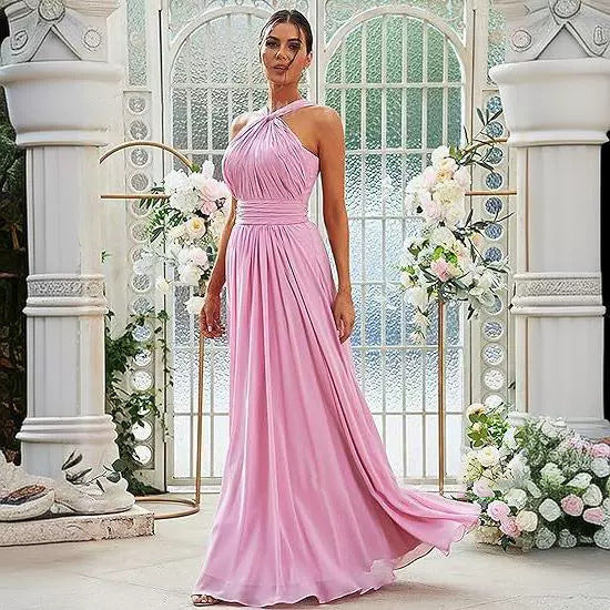 2026 Cross-border New Banquet Evening Gown, Summer Bridesmaid Dress, Pleated Slim Sleeveless Solid Color Elegant Dress for Women — fabric and detail
