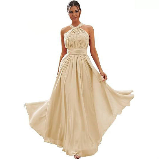 2026 Cross-border New Banquet Evening Gown, Summer Bridesmaid Dress, Pleated Slim Sleeveless Solid Color Elegant Dress for Women — back view