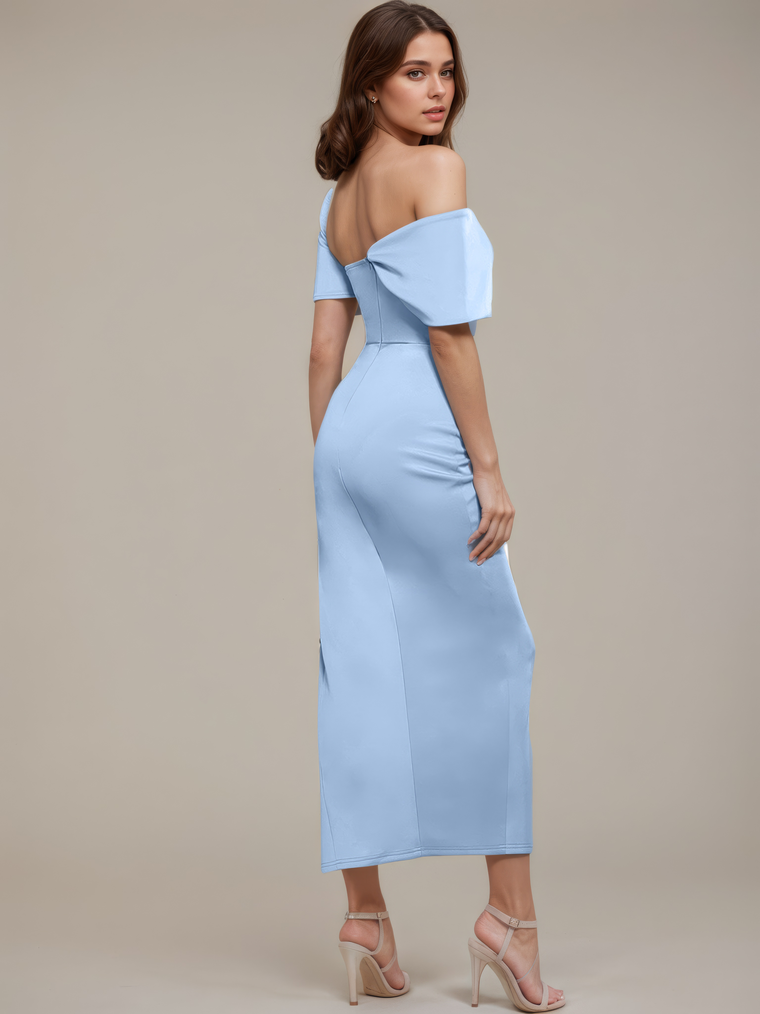 Powder Blue One-Shoulder Draped Front-Slit Midi Dress