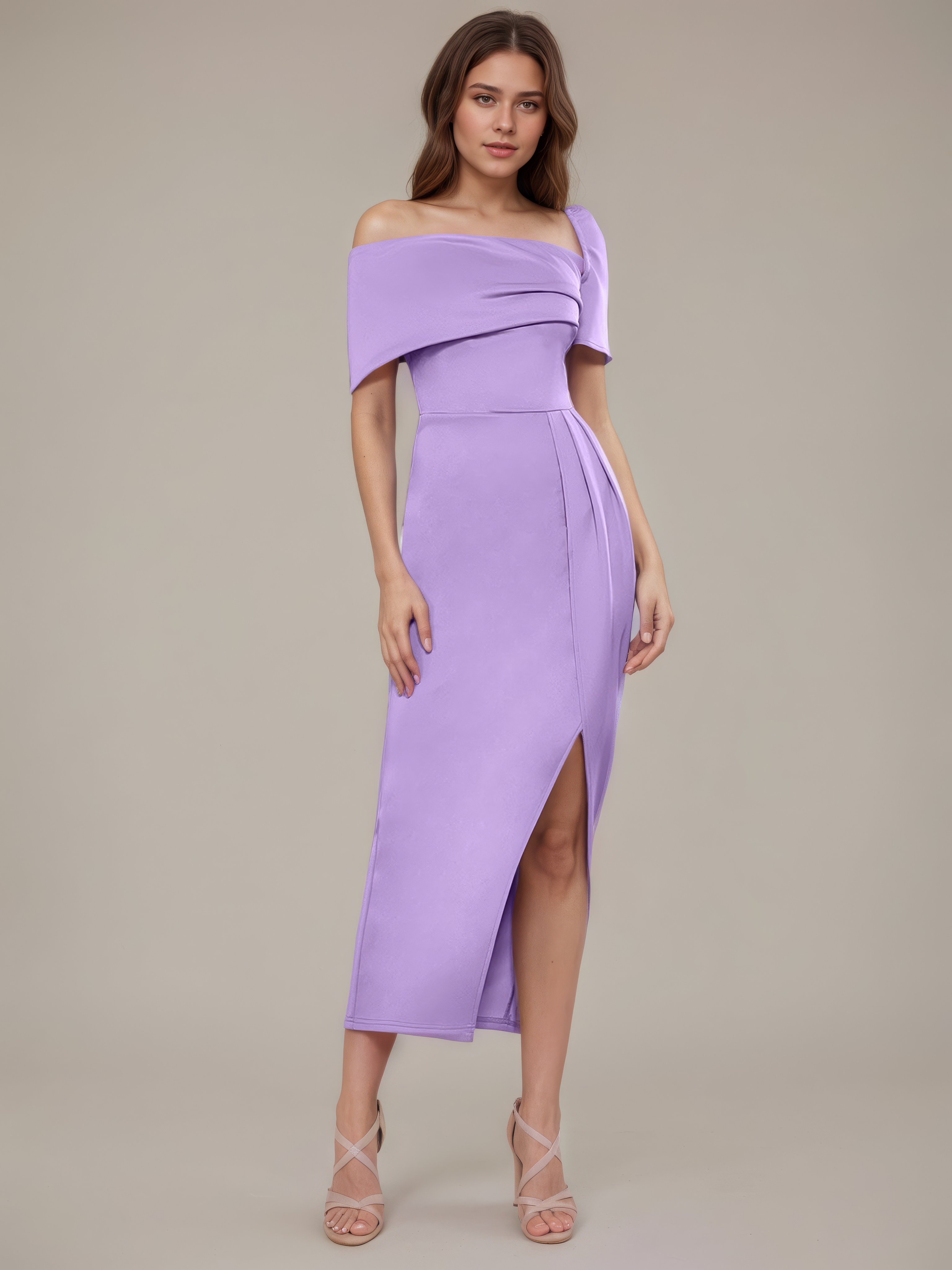 Powder Blue One-Shoulder Draped Front-Slit Midi Dress