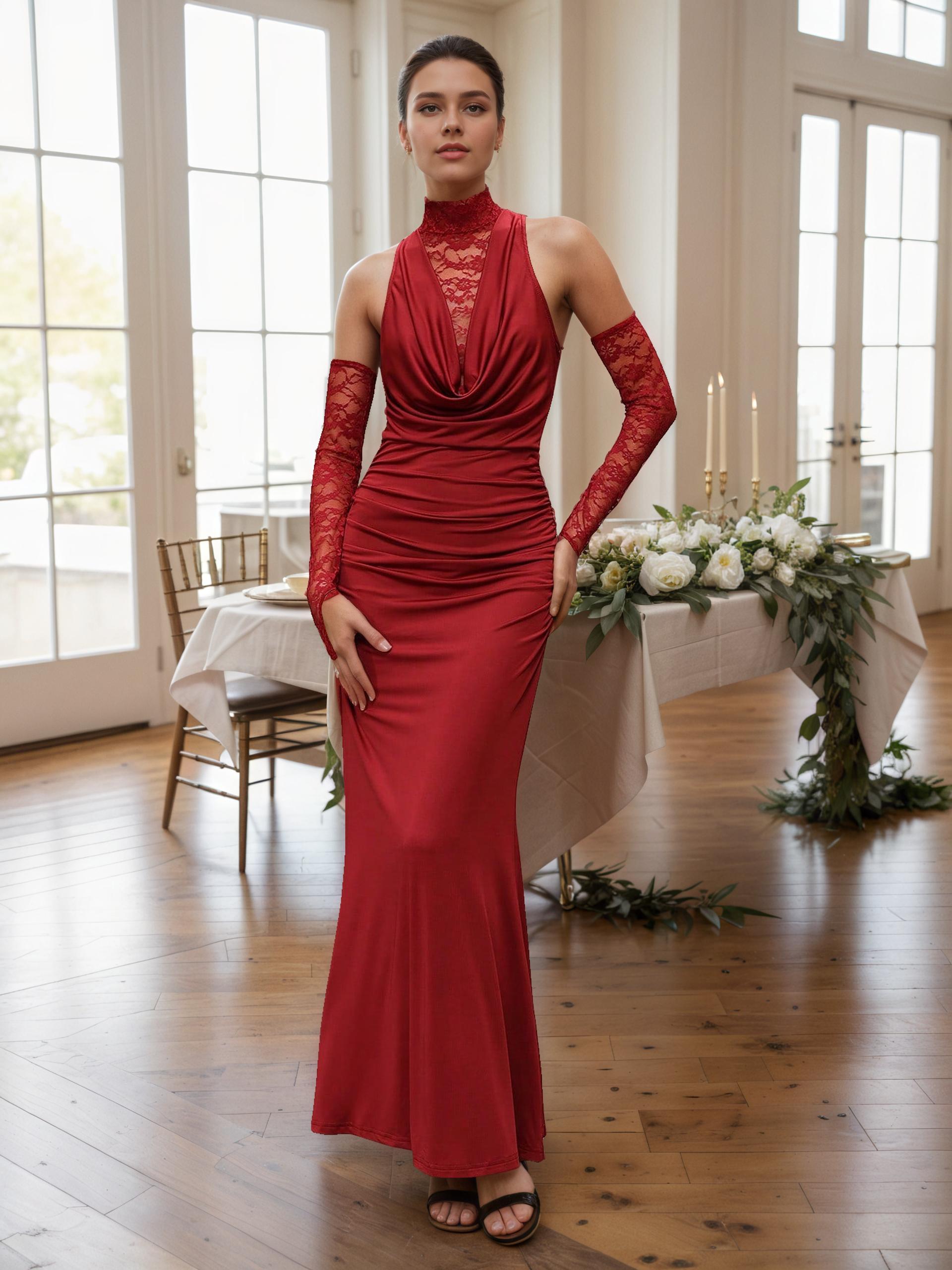 Anaïs Luxe Burgundy High-Neck Lace Gown