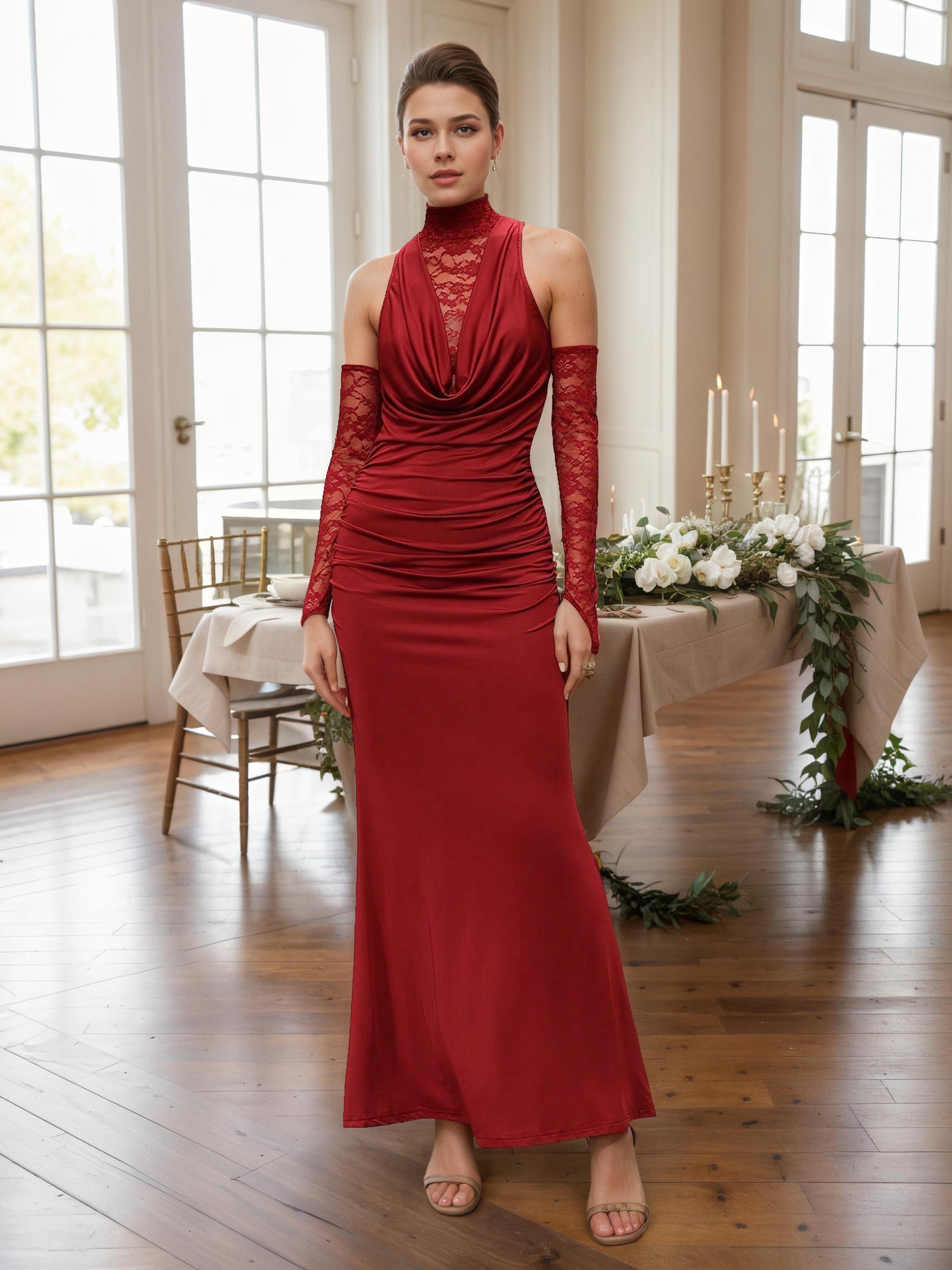 Anaïs Luxe Burgundy High-Neck Lace Gown