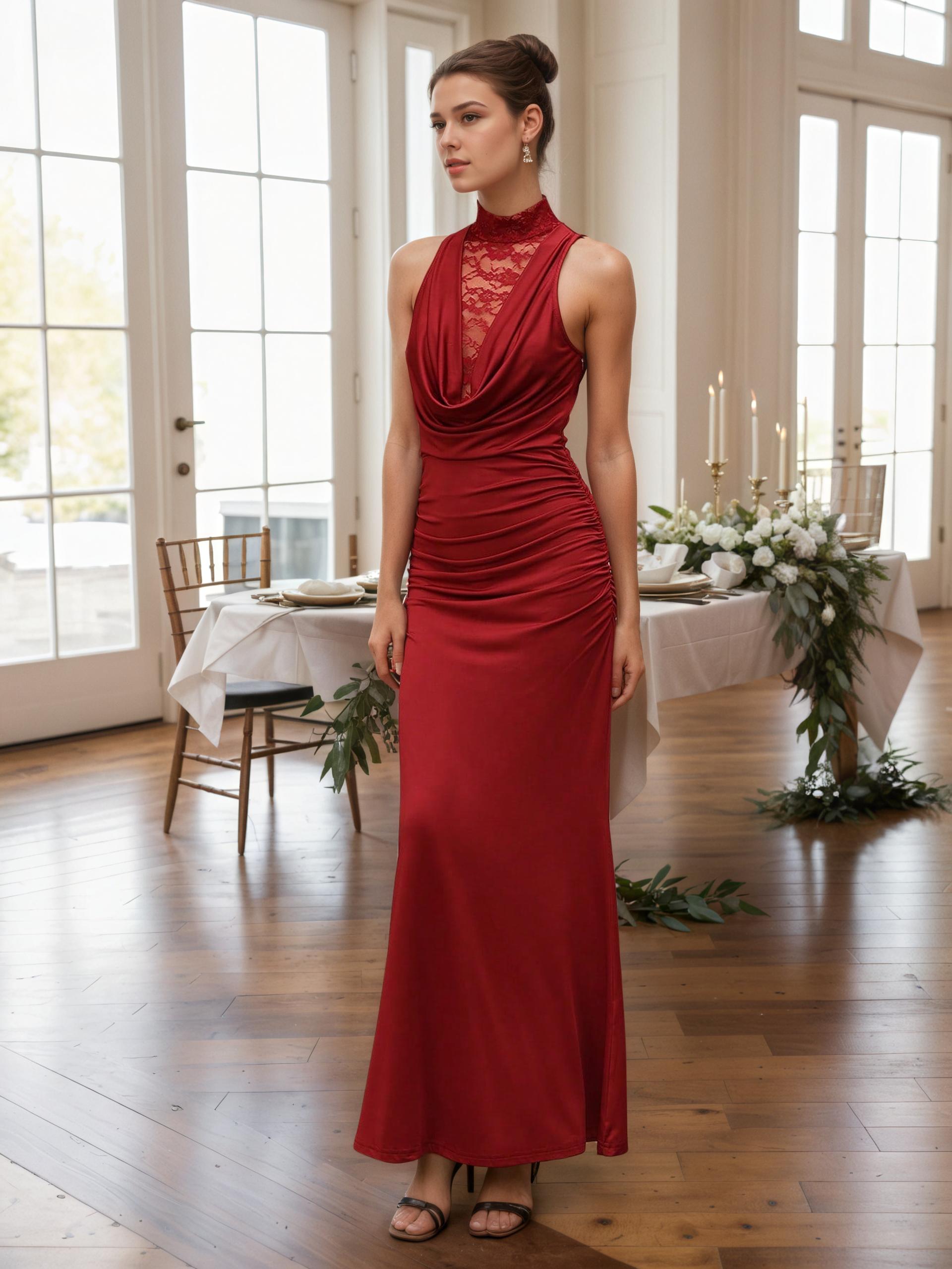 Anaïs Luxe Burgundy High-Neck Lace Gown