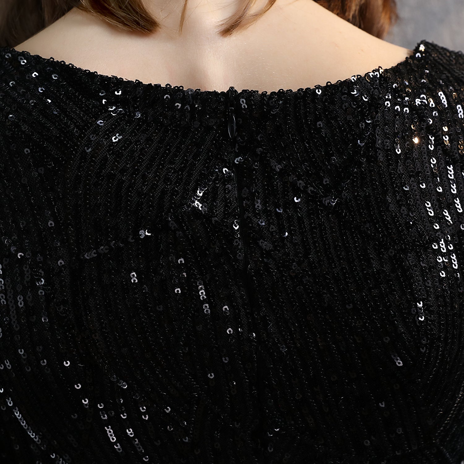 Black Sequin V-Neck Cape-Sleeve Cocktail Dress