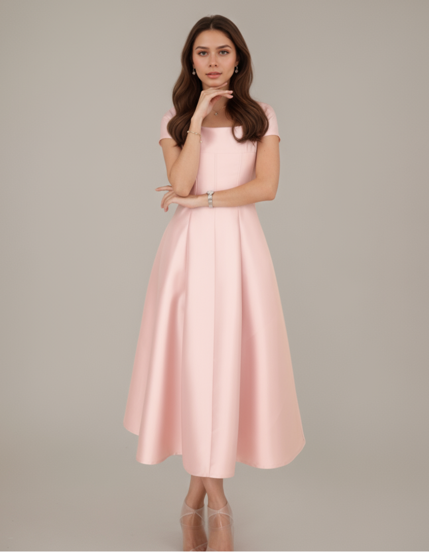 Lumière Bloom High-Waist Midi Dress