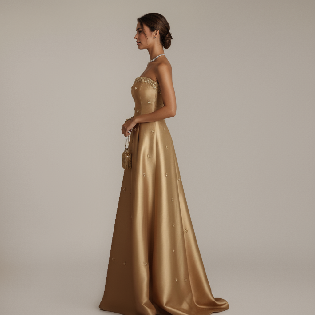 Gold Strapless Embellished Satin Gown