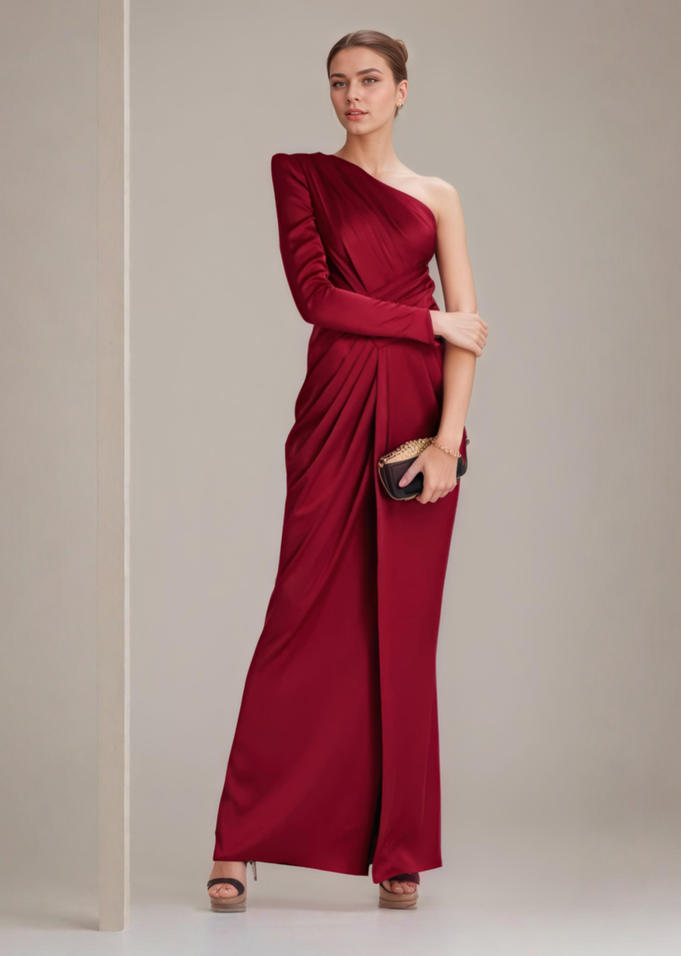 Asymmetric Draped One-Shoulder Evening Gown