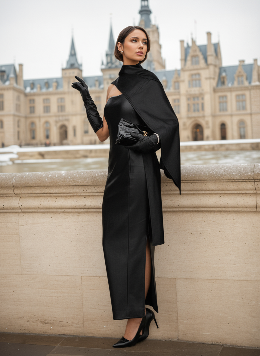 Strapless Faux Leather Dress with Draped Cape | Orabella Strapless Faux Leather Dress with Draped Cape | Orabella