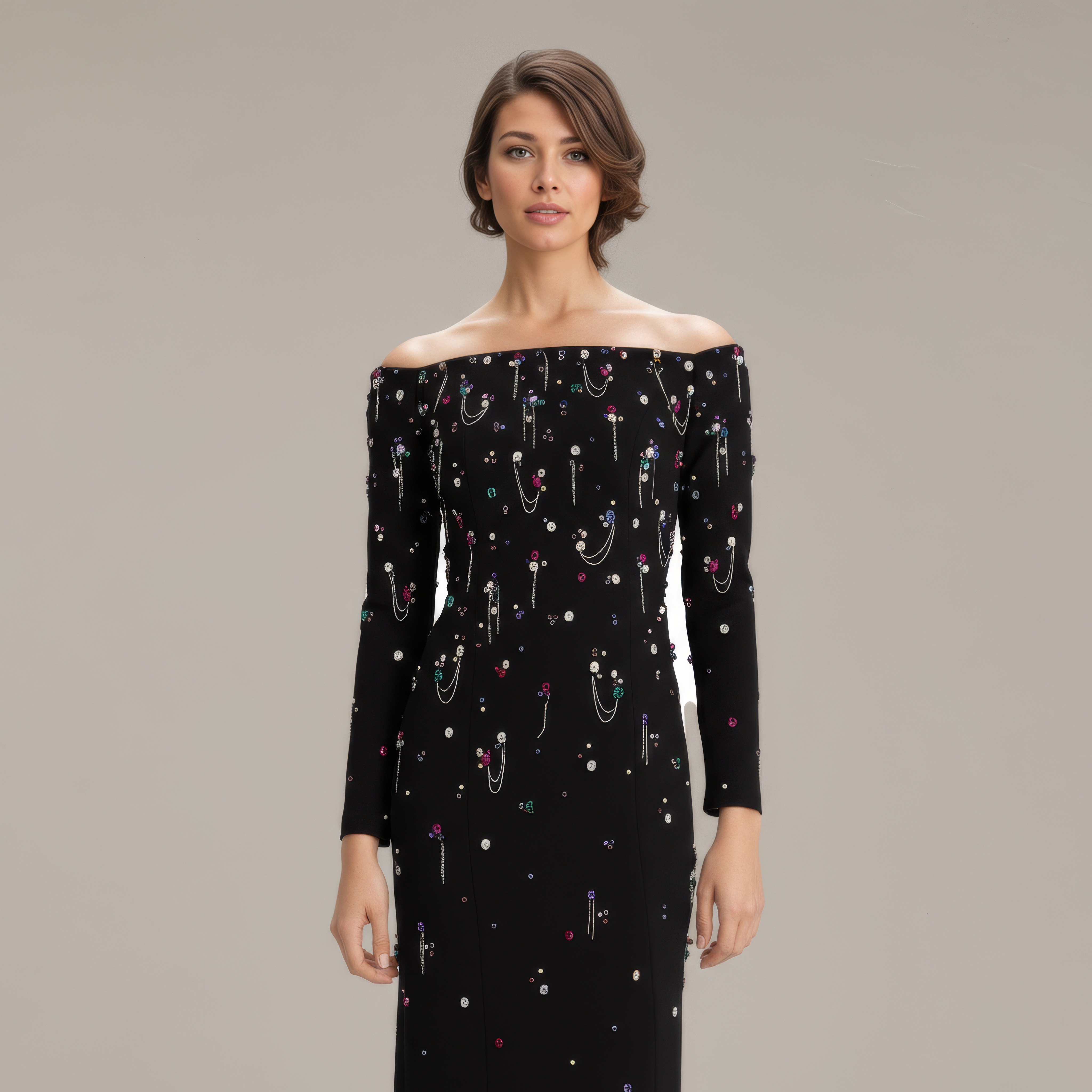 Heavy Beaded Black Star Neckline Dress